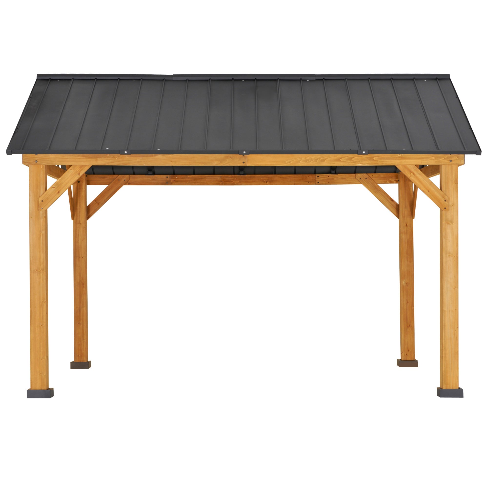 Outsunny 11' x 13' Wooden Gazebo Canopy Outdoor Sun Shade Shelter w/ Steel Roof, Solid Wood, Black & Natural