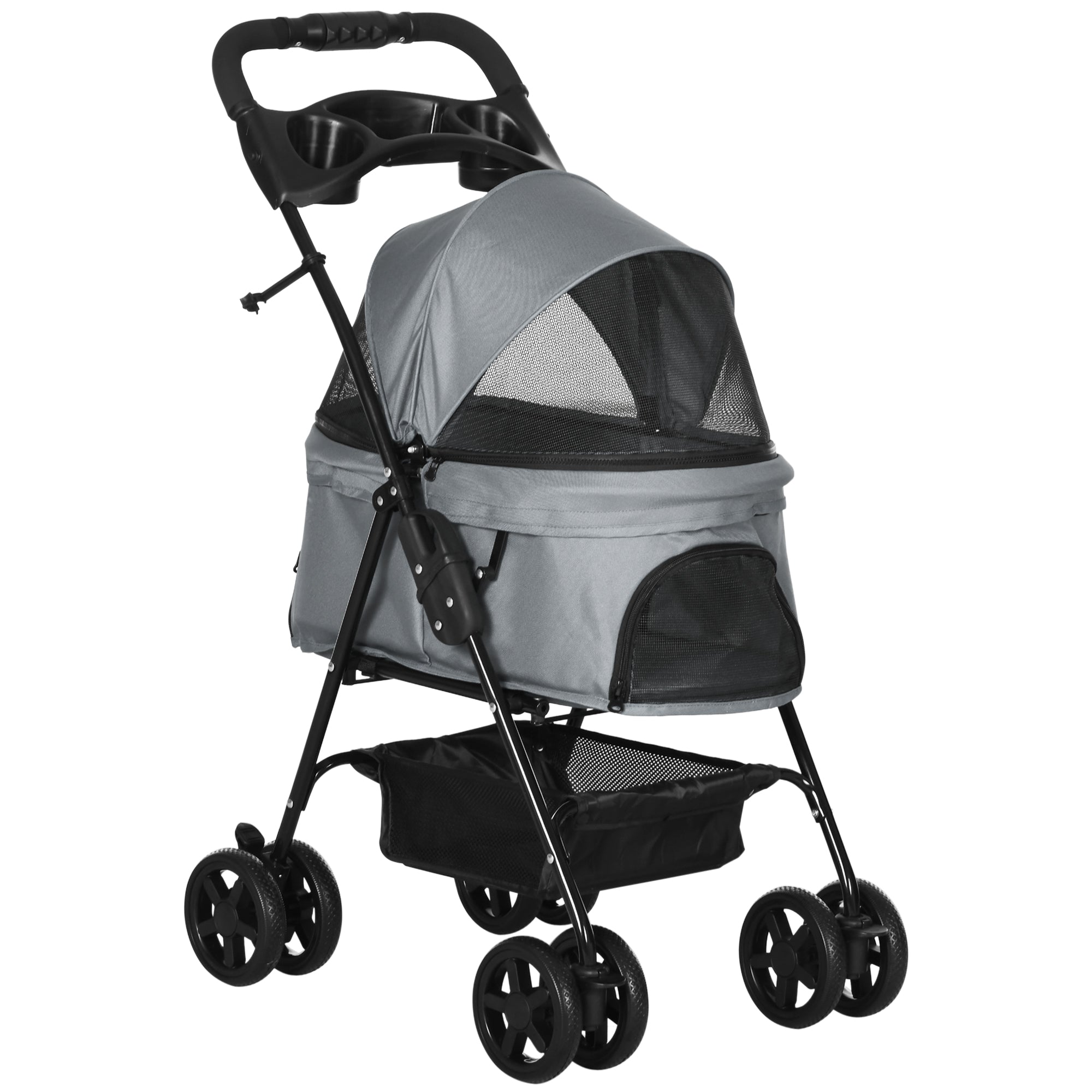 PawHut Dog Pram Dog Stroller Foldable Pet Pushchair with 4 Wheels, Safety Leashes, Cup Holder for Small Dogs, Grey