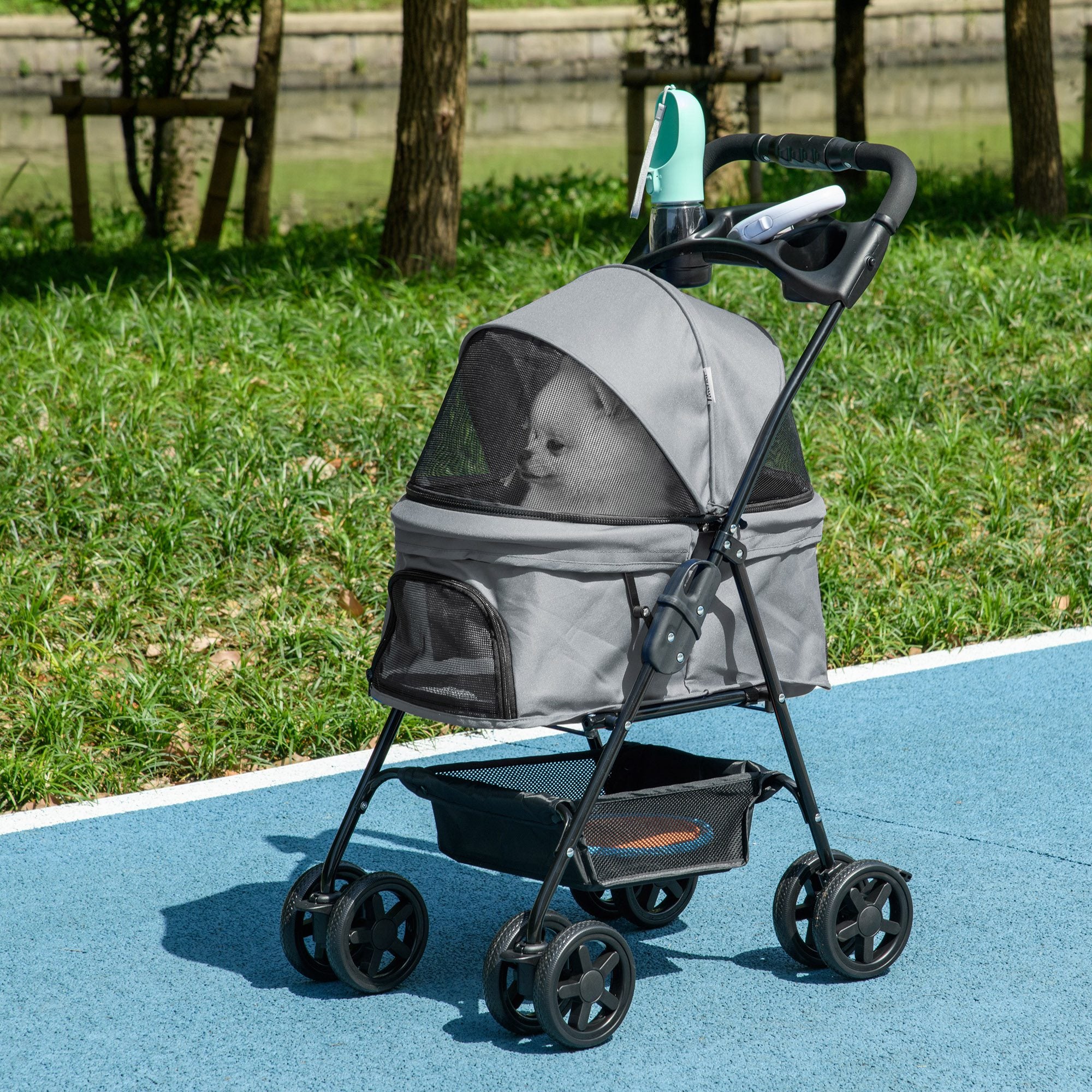 PawHut Dog Pram Dog Stroller Foldable Pet Pushchair with 4 Wheels, Safety Leashes, Cup Holder for Small Dogs, Grey