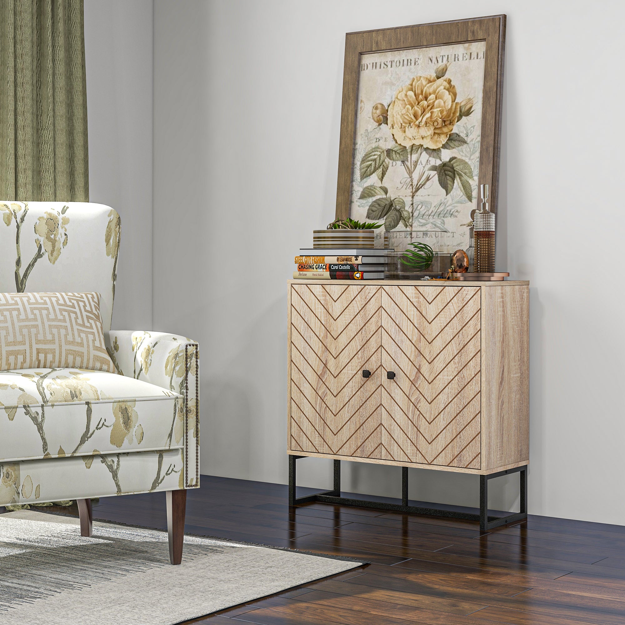 HOMCOM Modern Storage Cabinet with Chevron Doors and Metal Base, Freestanding Sideboard with Adjustable Shelf for Living Room, Natural