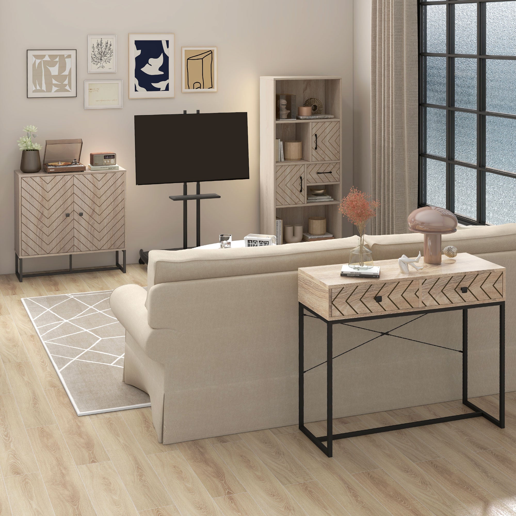 HOMCOM Modern Storage Cabinet with Chevron Doors and Metal Base, Freestanding Sideboard with Adjustable Shelf for Living Room, Natural