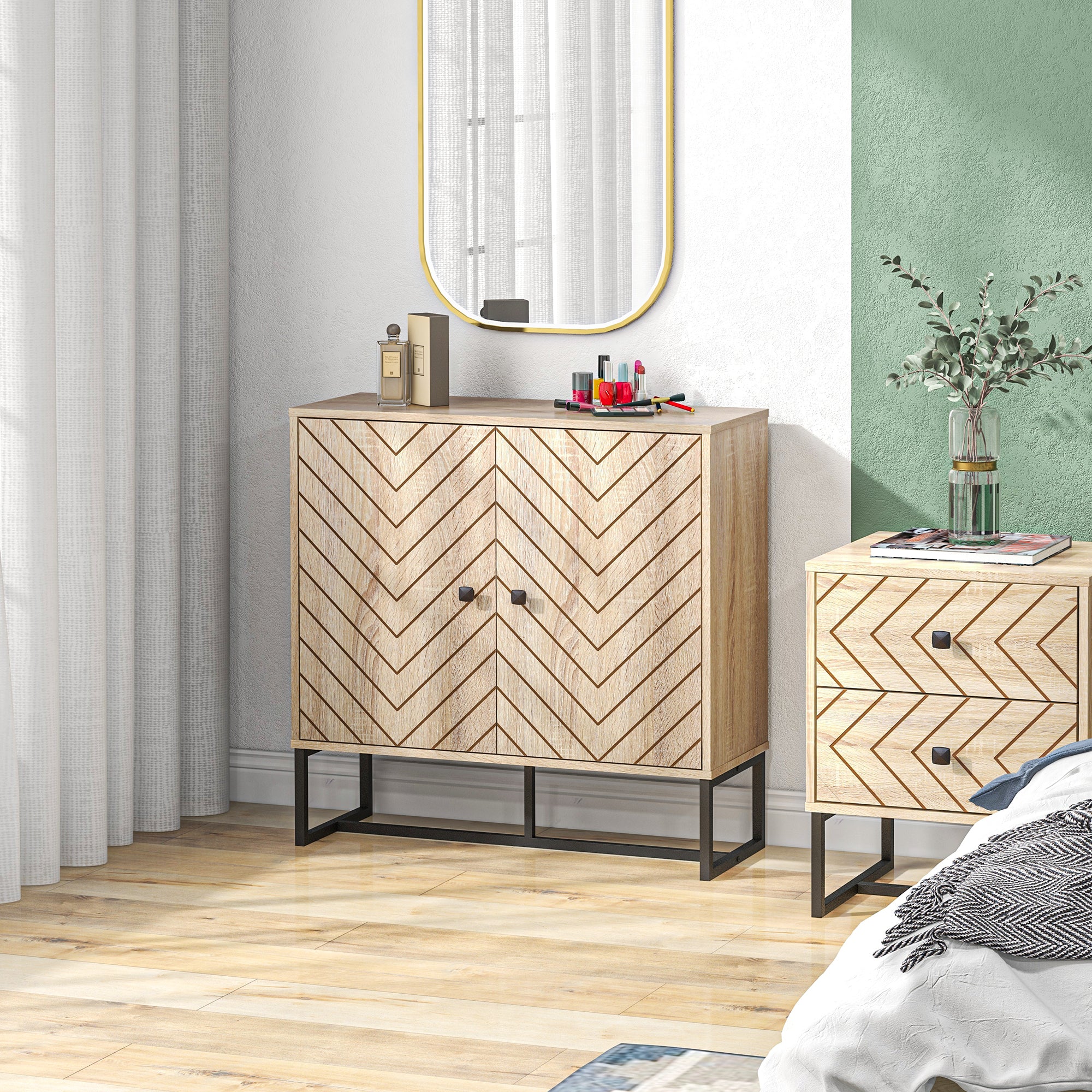 HOMCOM Modern Sideboard, Buffet Cabinet with 2 Chevron Doors and Adjustable Shelf, Kitchen Storage Cabinet with Steel Base, Coffee Bar Cabinet, 31.5