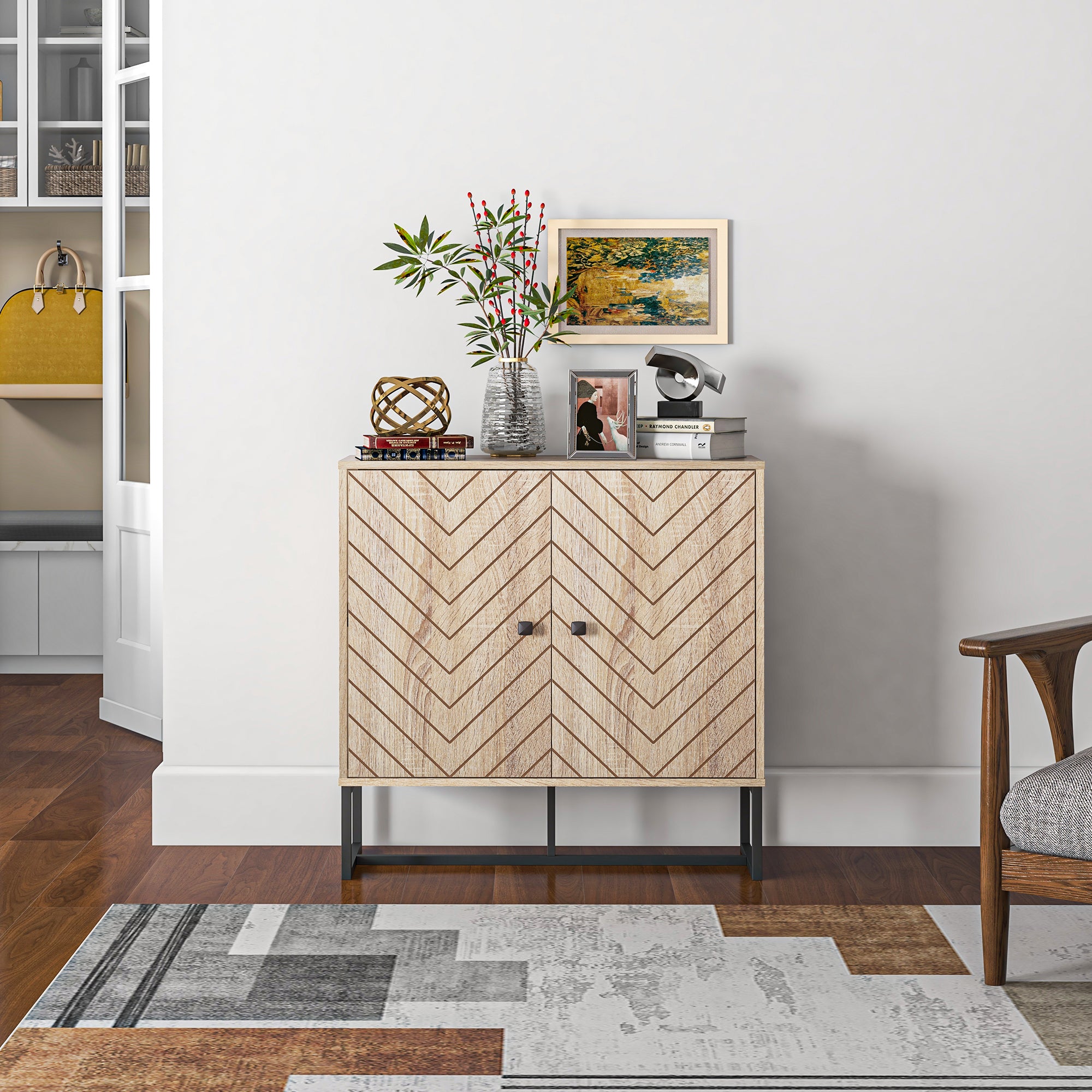 HOMCOM Modern Storage Cabinet with Chevron Doors and Metal Base, Freestanding Sideboard with Adjustable Shelf for Living Room, Natural