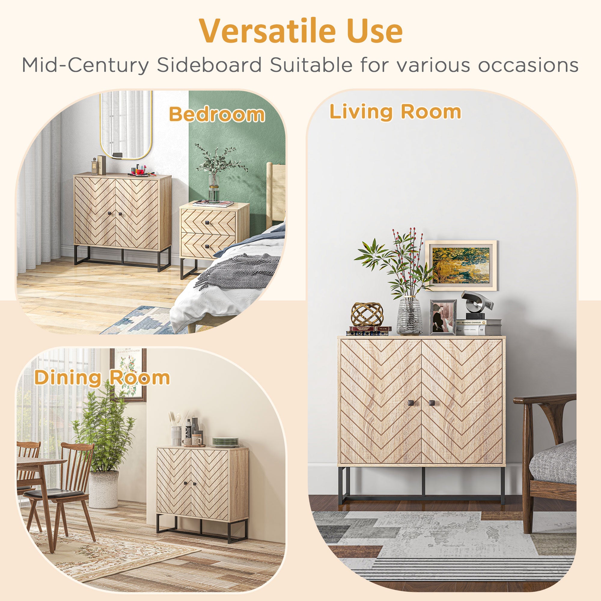 HOMCOM Modern Storage Cabinet with Chevron Doors and Metal Base, Freestanding Sideboard with Adjustable Shelf for Living Room, Natural