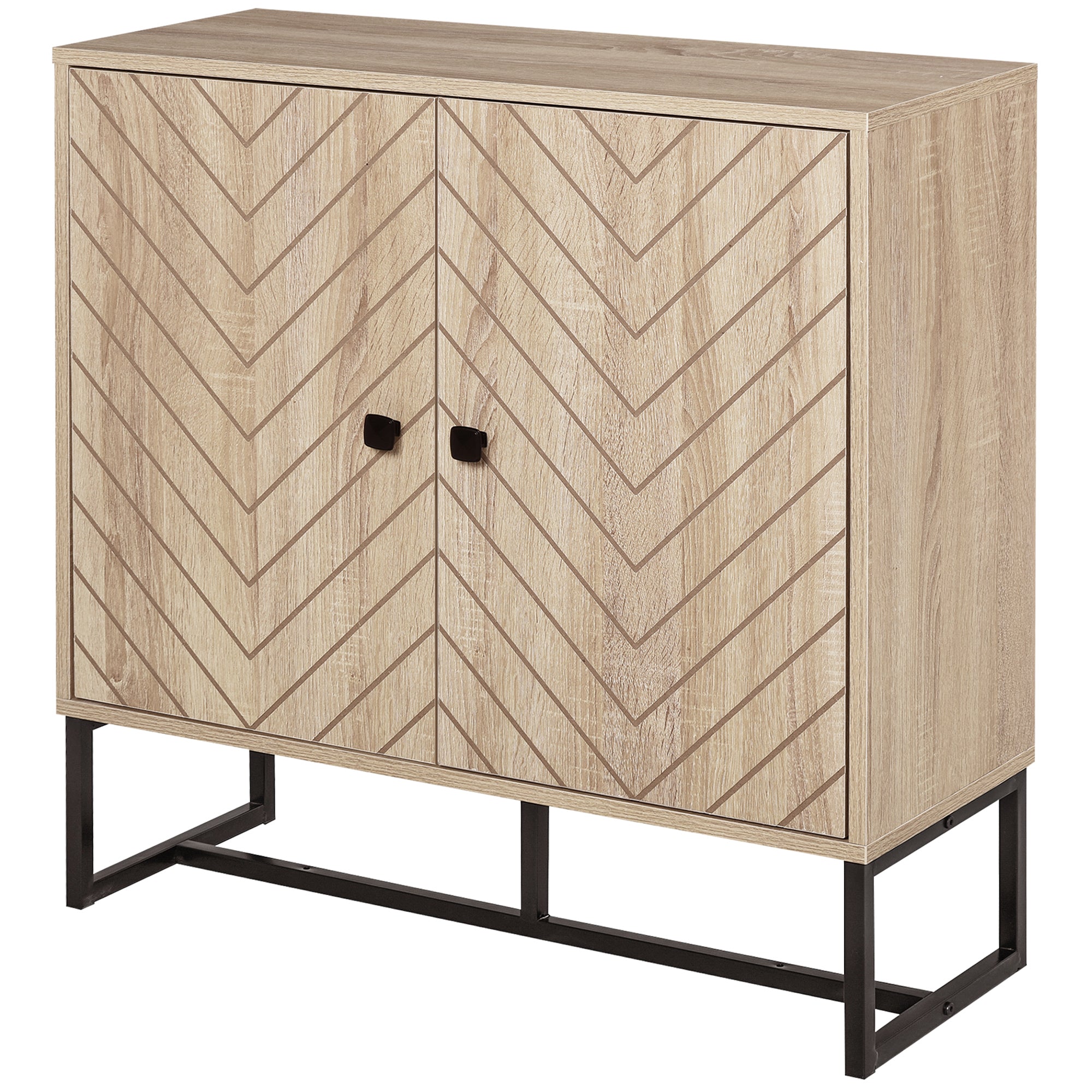 HOMCOM Modern Storage Cabinet with Chevron Doors and Metal Base, Freestanding Sideboard with Adjustable Shelf for Living Room, Natural