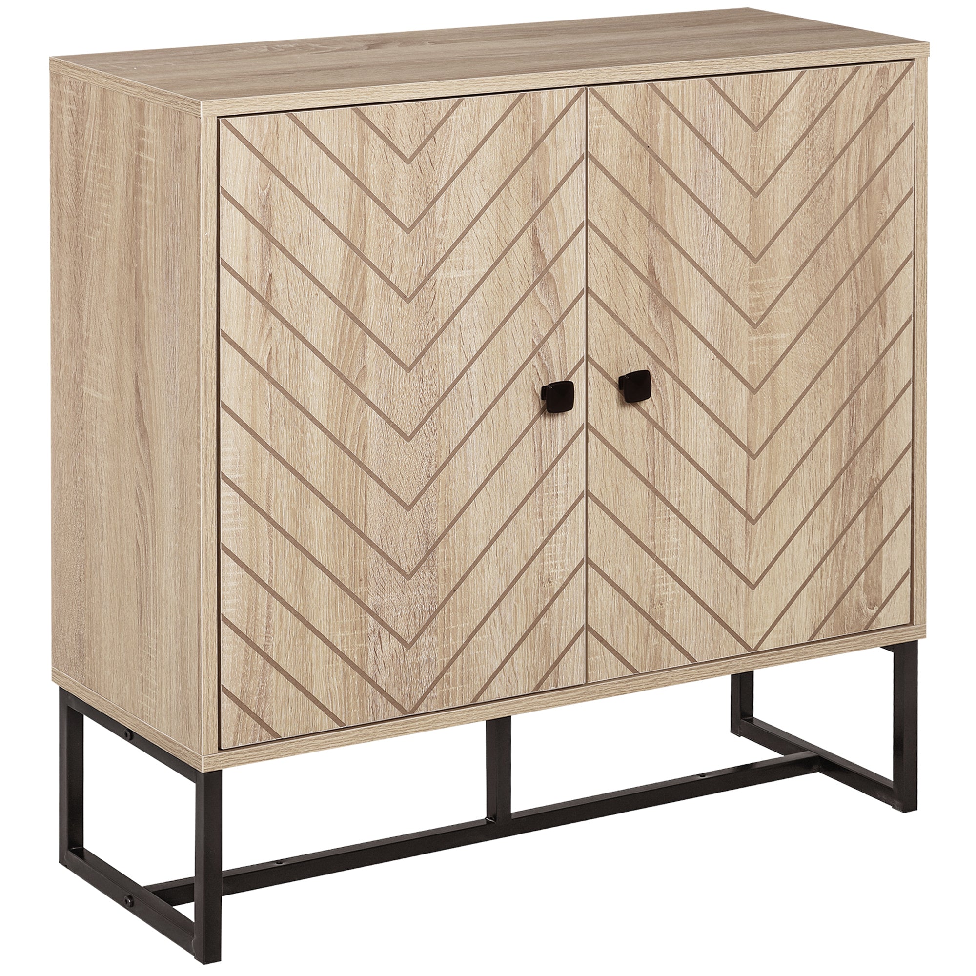 HOMCOM Modern Storage Cabinet with Chevron Doors and Metal Base, Freestanding Sideboard with Adjustable Shelf for Living Room, Natural