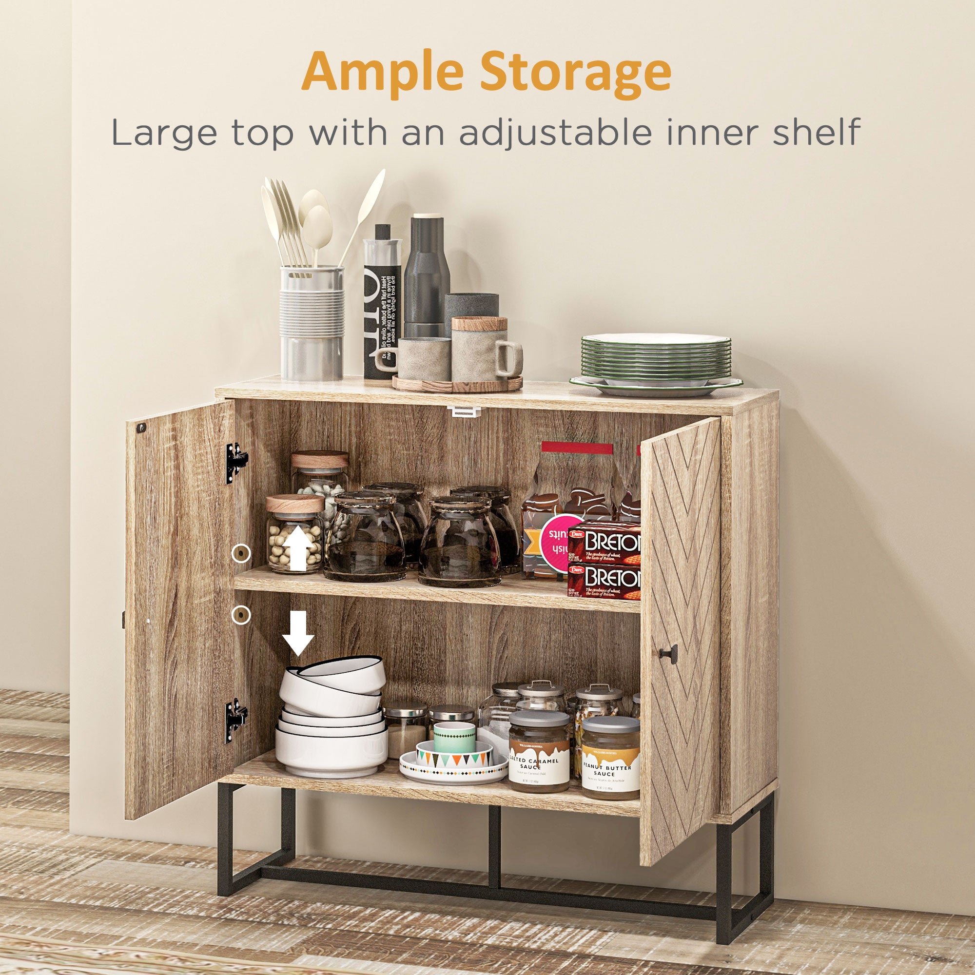 HOMCOM Modern Storage Cabinet with Chevron Doors and Metal Base, Freestanding Sideboard with Adjustable Shelf for Living Room, Natural