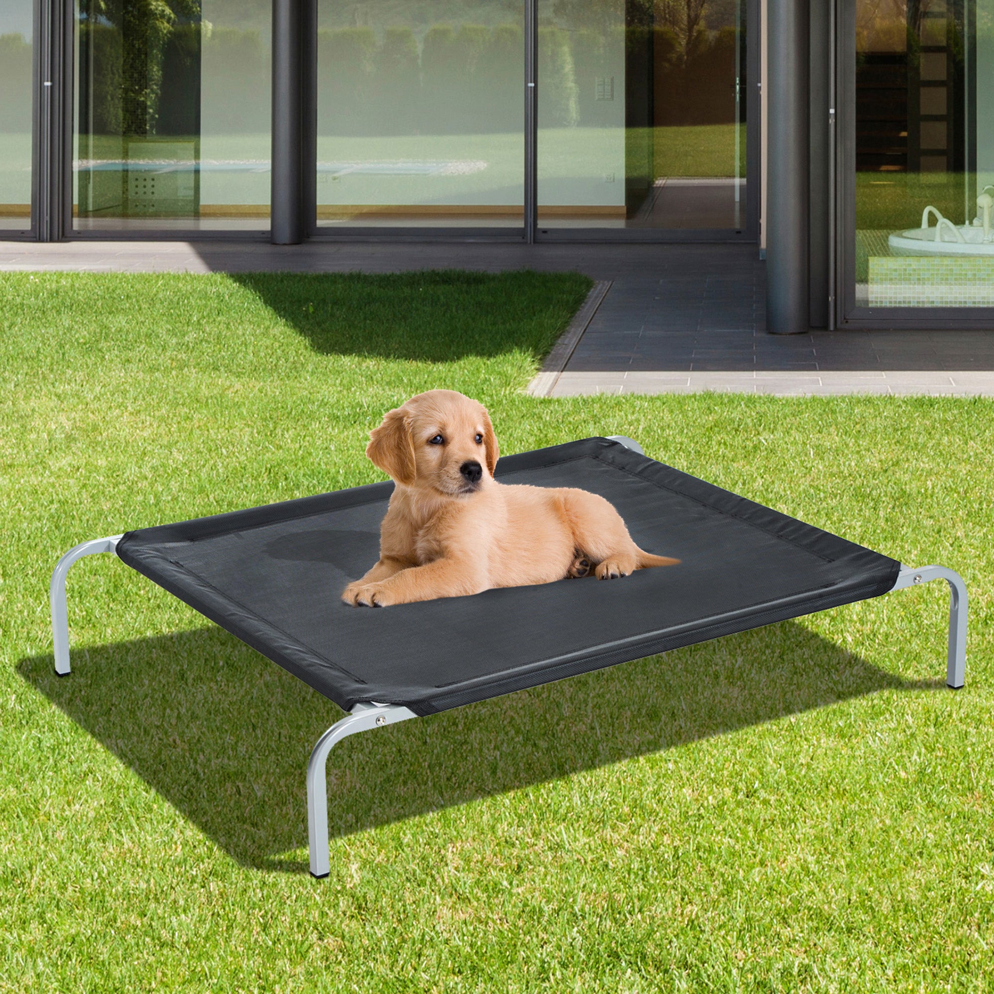 PawHut Raised Dog Bed Cat Elevated Lifted Cooling Portable Camping with Metal Frame Black (Small)