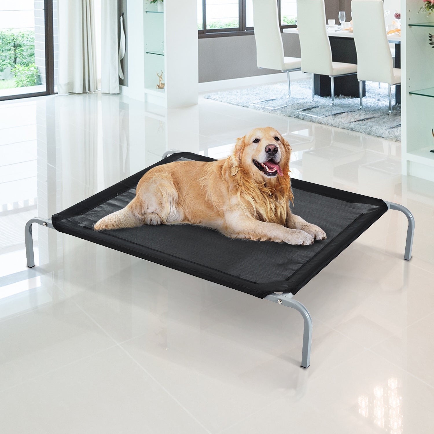 PawHut Raised Dog Bed Cat Elevated Lifted Cooling Portable Camping with Metal Frame Black (Small)