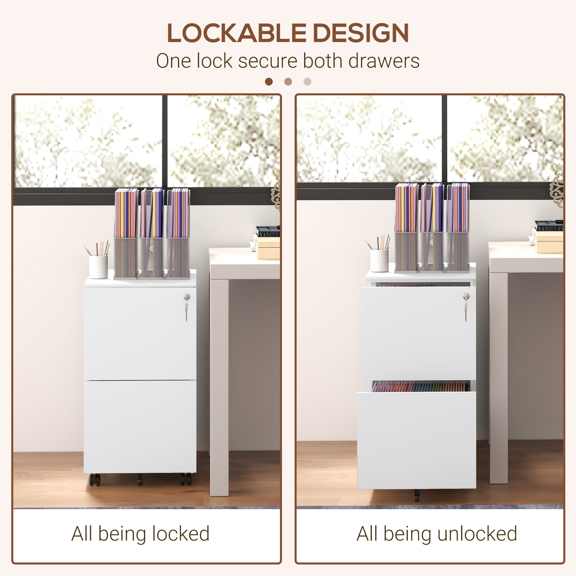 Vinsetto Vertical Steel Filing Cabinet on Wheels, 2-Drawer Lockable File Cabinet with Adjustable Hanging Bar for A4, Legal and Letter Size, White