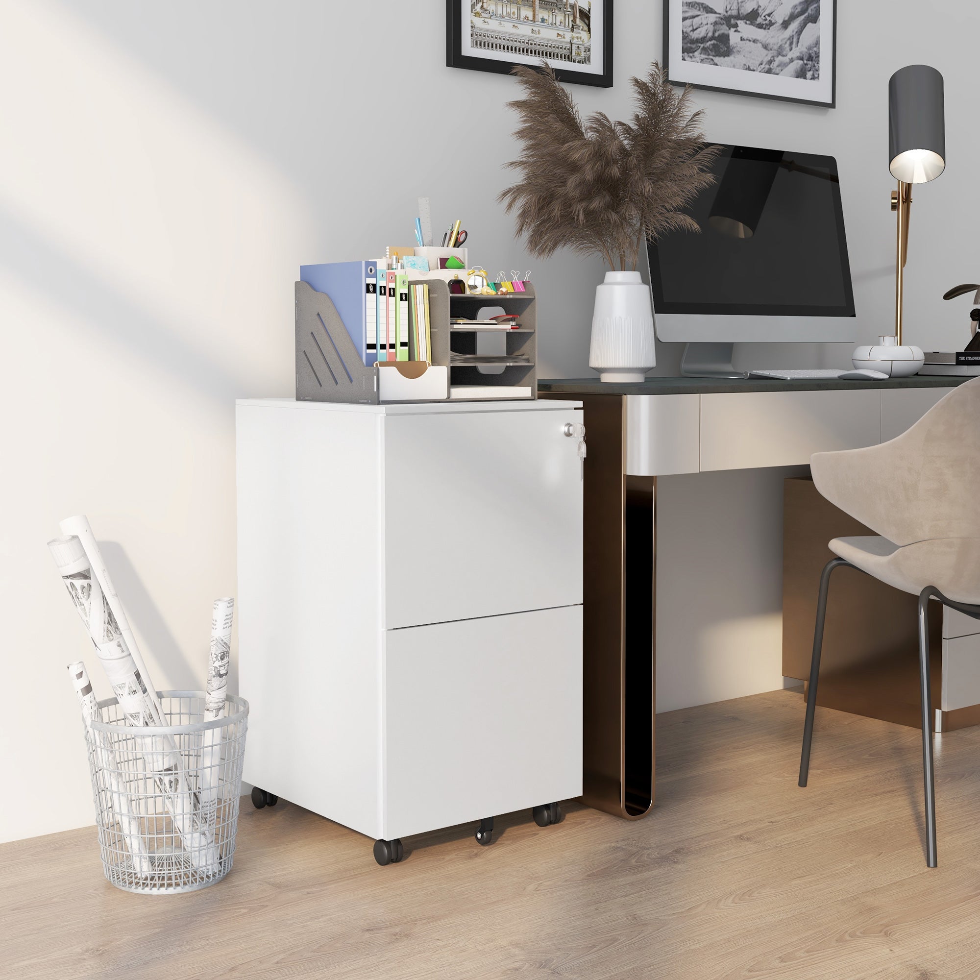 Vinsetto Vertical Steel Filing Cabinet on Wheels, 2-Drawer Lockable File Cabinet with Adjustable Hanging Bar for A4, Legal and Letter Size, White