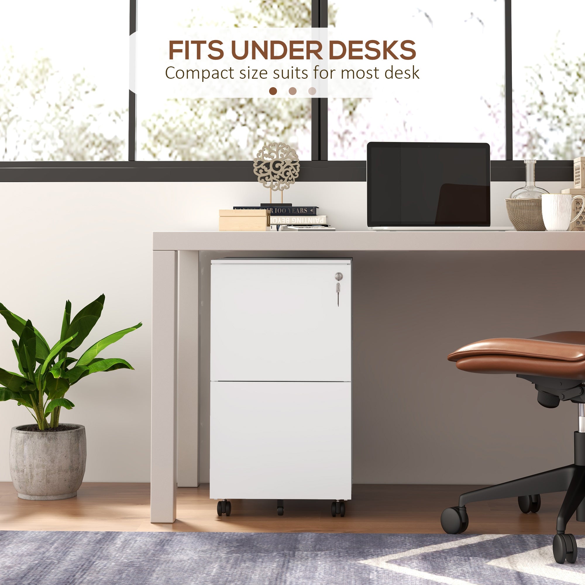 Vinsetto Vertical Steel Filing Cabinet on Wheels, 2-Drawer Lockable File Cabinet with Adjustable Hanging Bar for A4, Legal and Letter Size, White