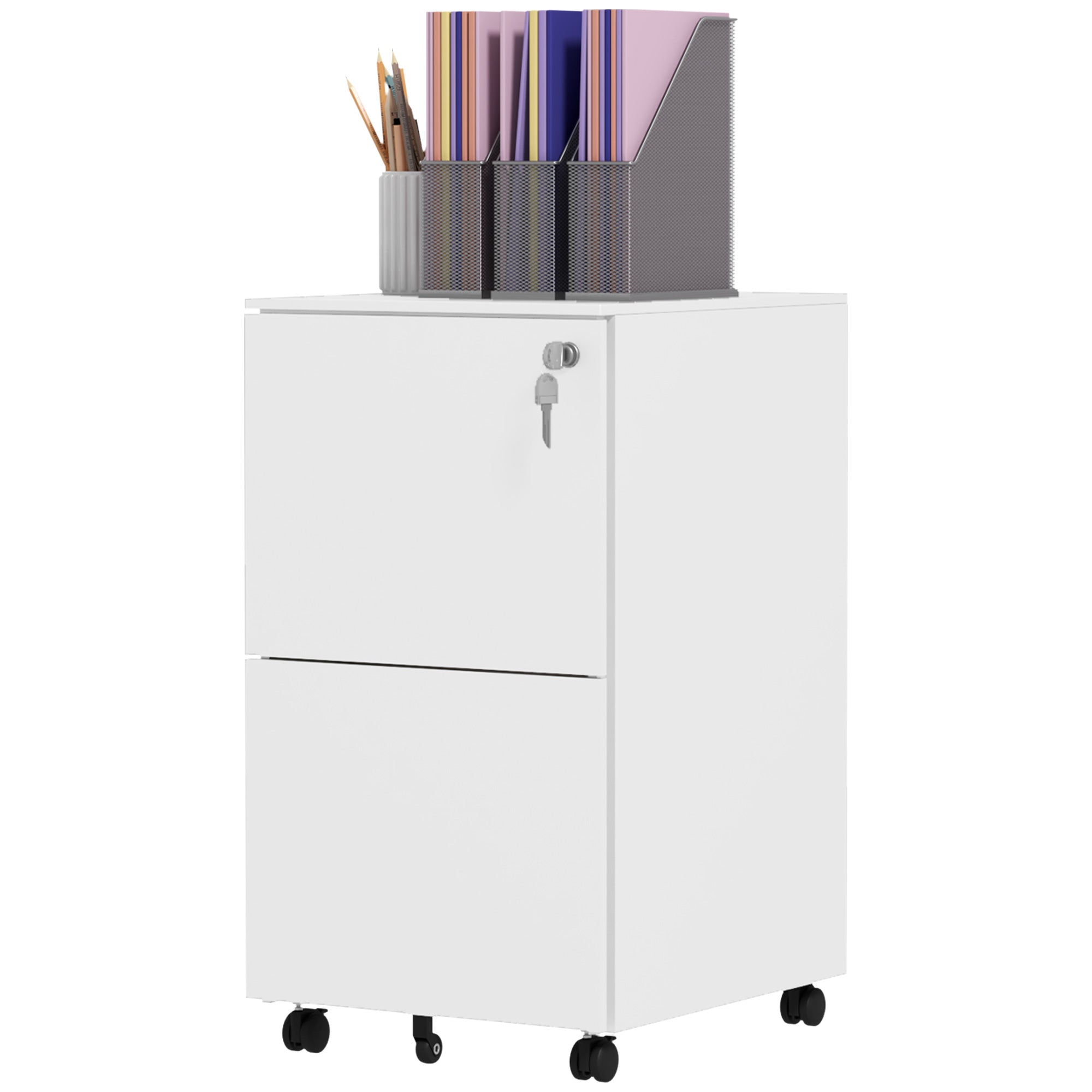 Vinsetto Vertical Steel Filing Cabinet on Wheels, 2-Drawer Lockable File Cabinet with Adjustable Hanging Bar for A4, Legal and Letter Size, White