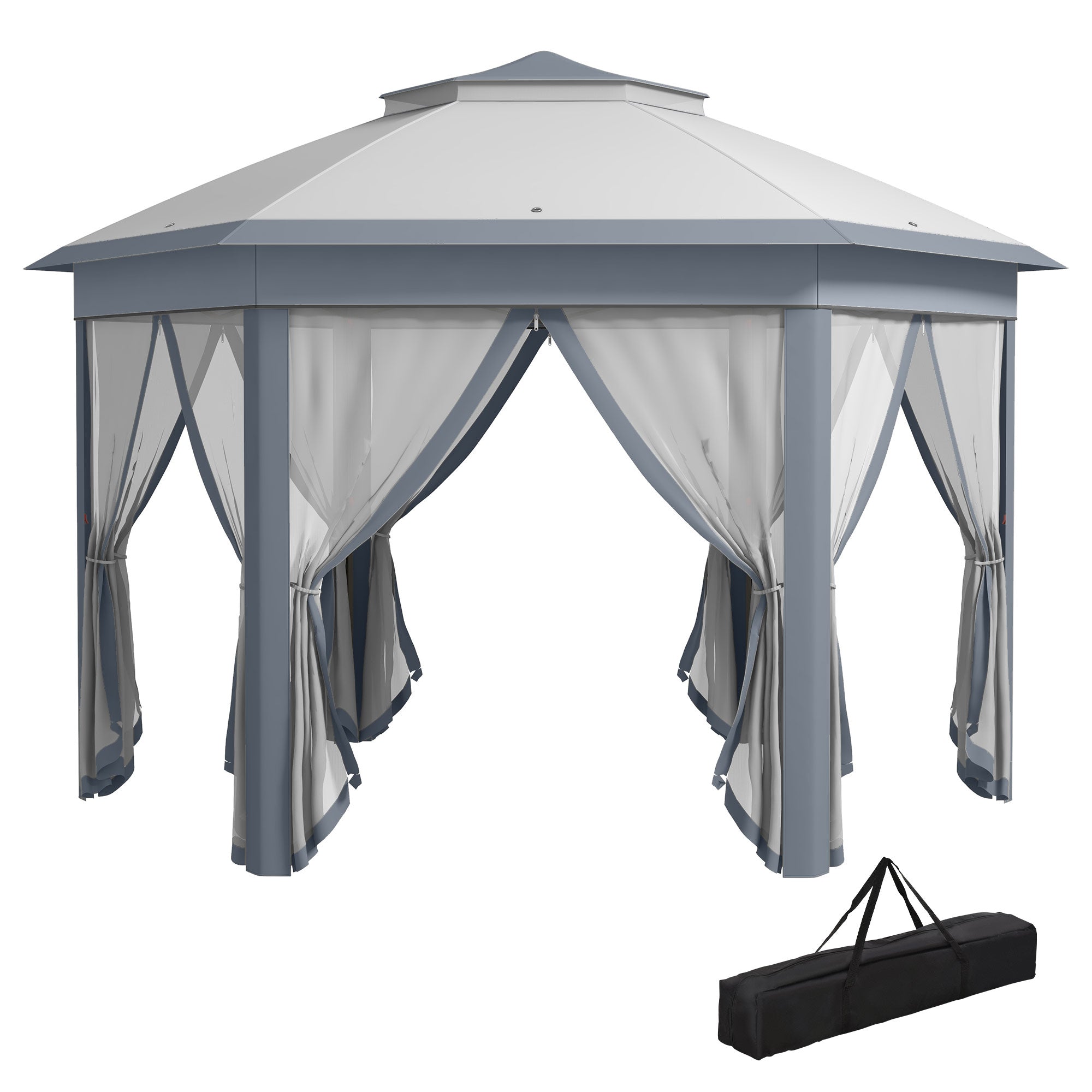 Outsunny 13' x 13' Pop Up Canopy Tent with Netting and Carry Bag, Instant Sun Shelter, Hexagon Tents for Parties, Outdoor, Garden, Patio, Grey