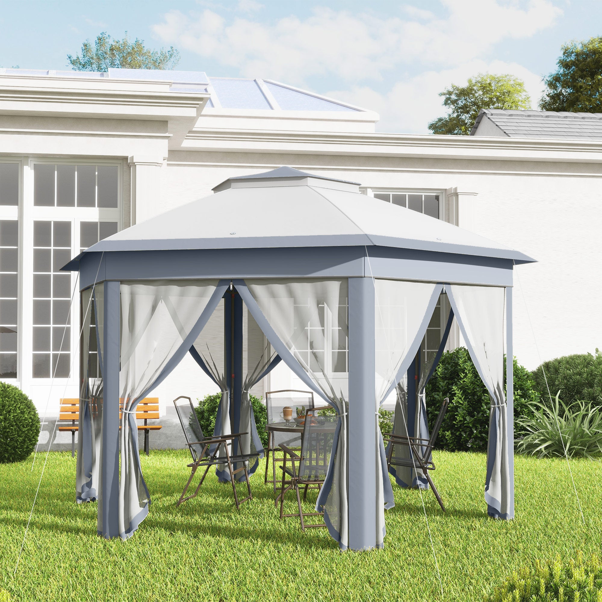 Outsunny 13' x 13' Pop Up Canopy Tent with Netting and Carry Bag, Instant Sun Shelter, Hexagon Tents for Parties, Outdoor, Garden, Patio, Grey
