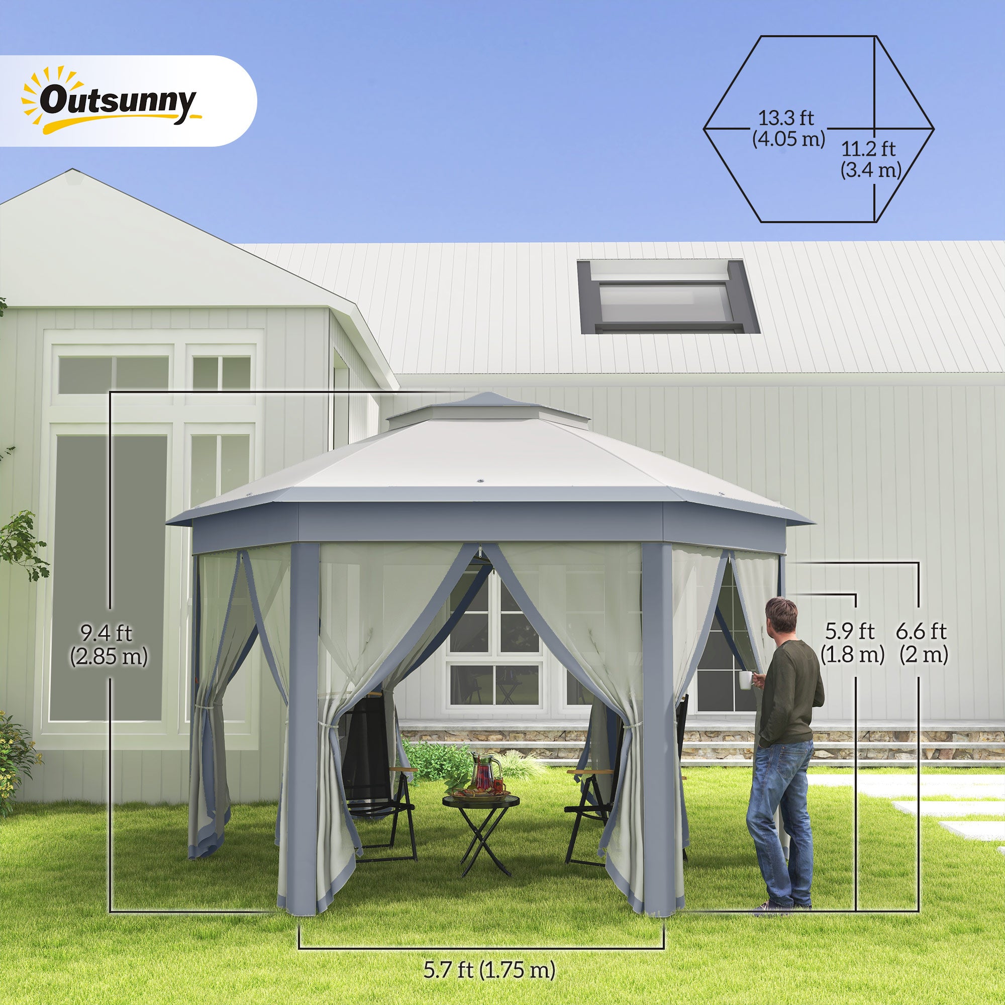 Outsunny 13' x 13' Pop Up Canopy Tent with Netting and Carry Bag, Instant Sun Shelter, Hexagon Tents for Parties, Outdoor, Garden, Patio, Grey