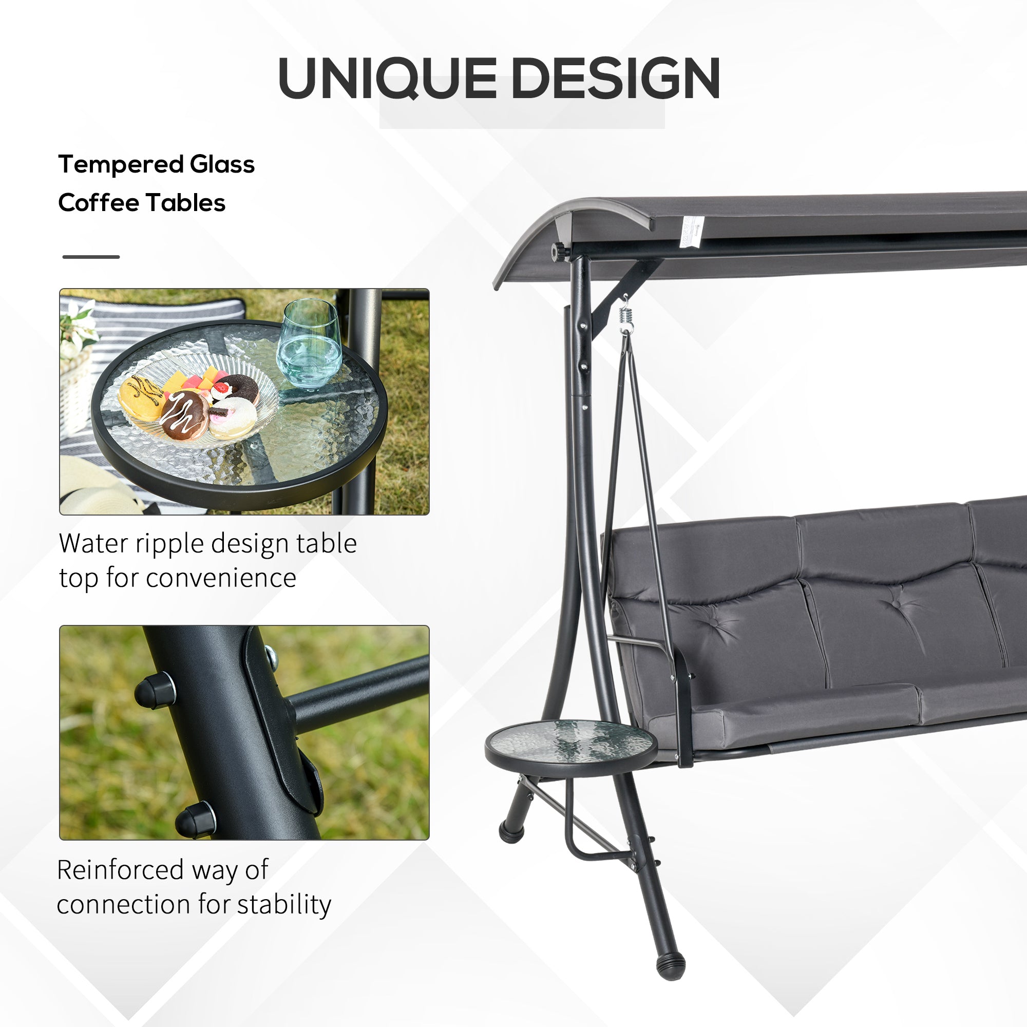 Outsunny 3 Seat Outdoor Swing Chair Steel Swing Bench Porch Swing With Adjustable Canopy, Coffee Tables and Cushion for Patio Garden, Dark Grey