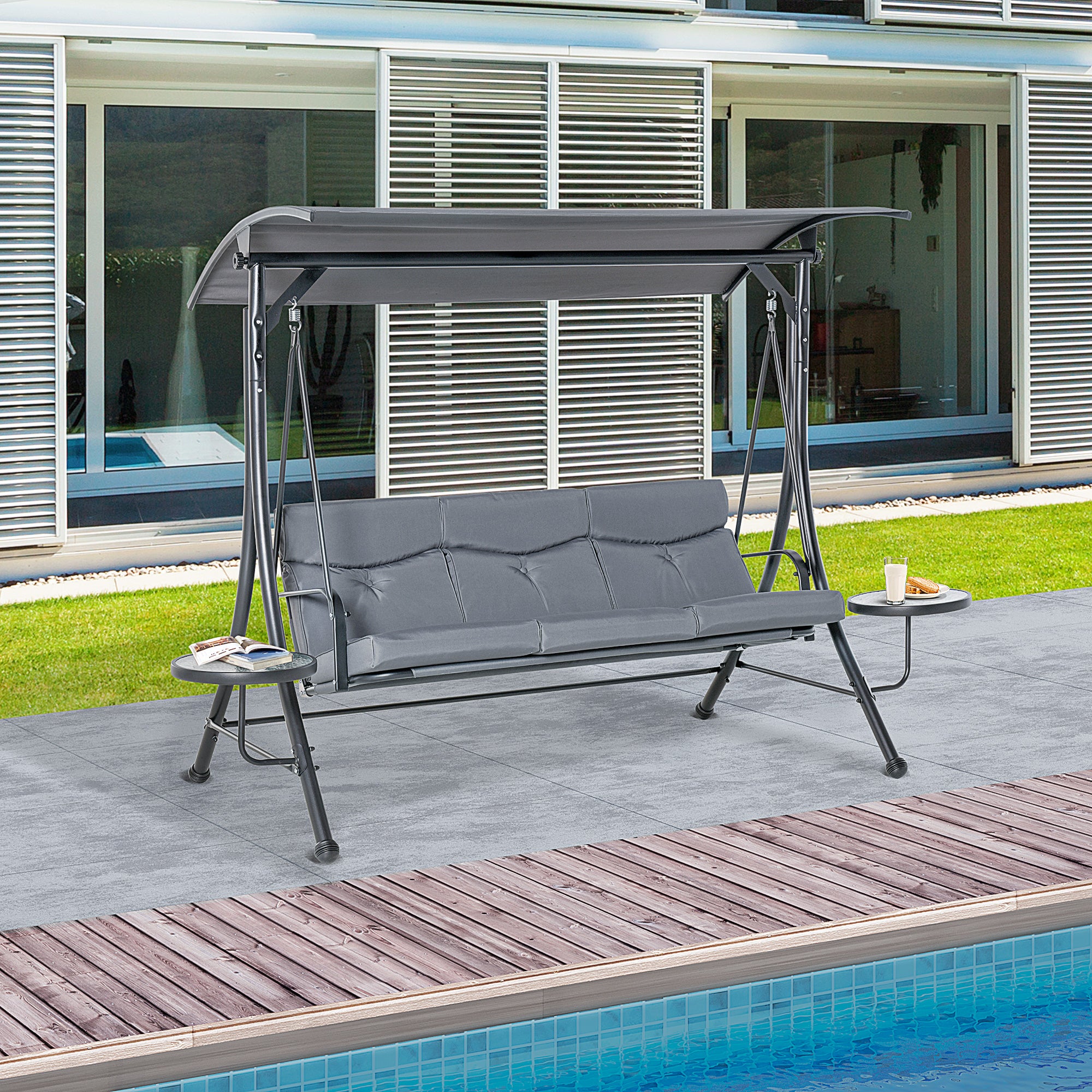 Outsunny 3 Seat Outdoor Swing Chair Steel Swing Bench Porch Swing With Adjustable Canopy, Coffee Tables and Cushion for Patio Garden, Dark Grey