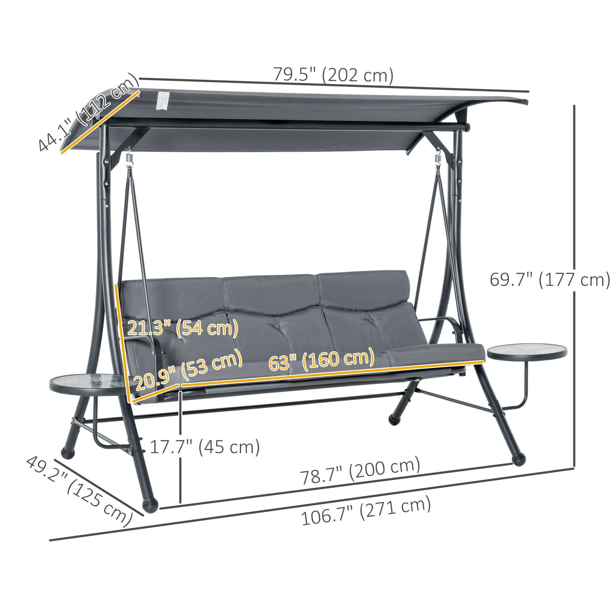 Outsunny 3 Seat Outdoor Swing Chair Steel Swing Bench Porch Swing With Adjustable Canopy, Coffee Tables and Cushion for Patio Garden, Dark Grey