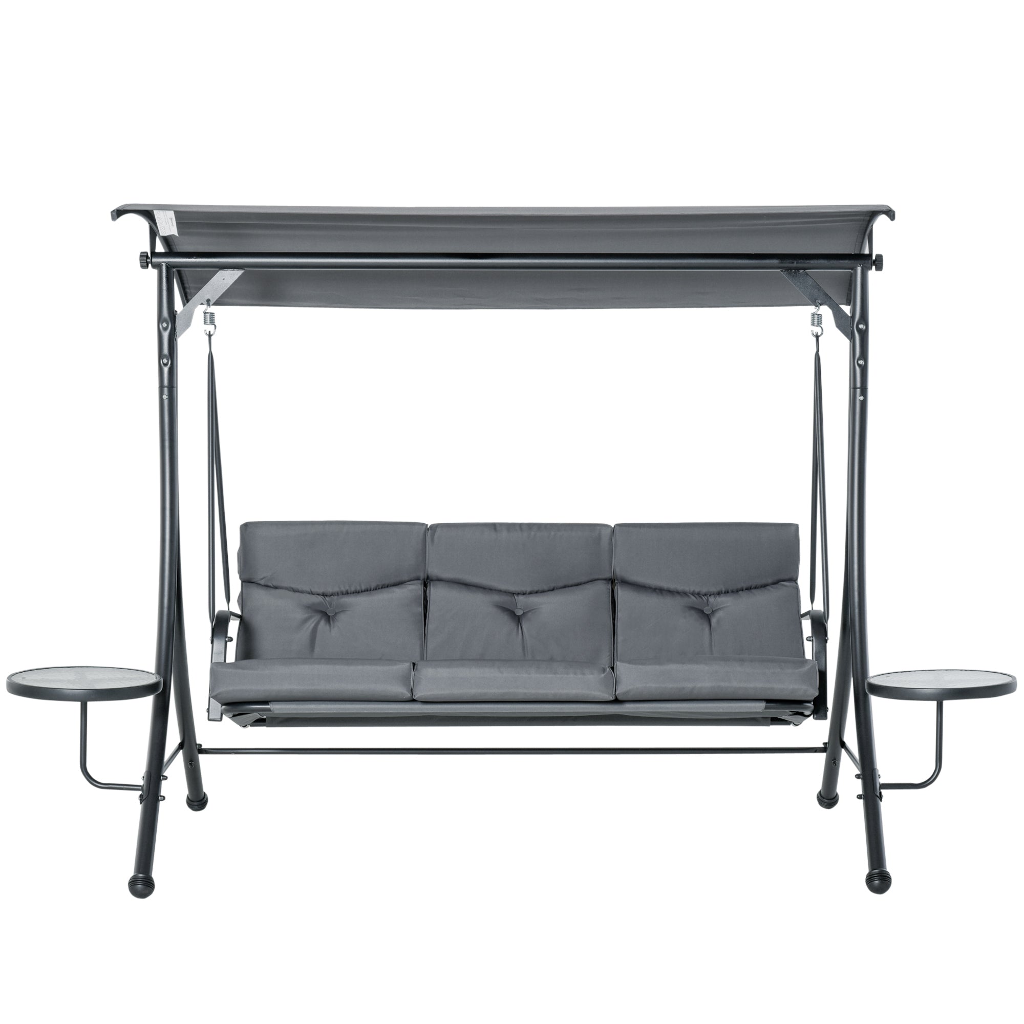 Outsunny 3 Seat Outdoor Swing Chair Steel Swing Bench Porch Swing With Adjustable Canopy, Coffee Tables and Cushion for Patio Garden, Dark Grey