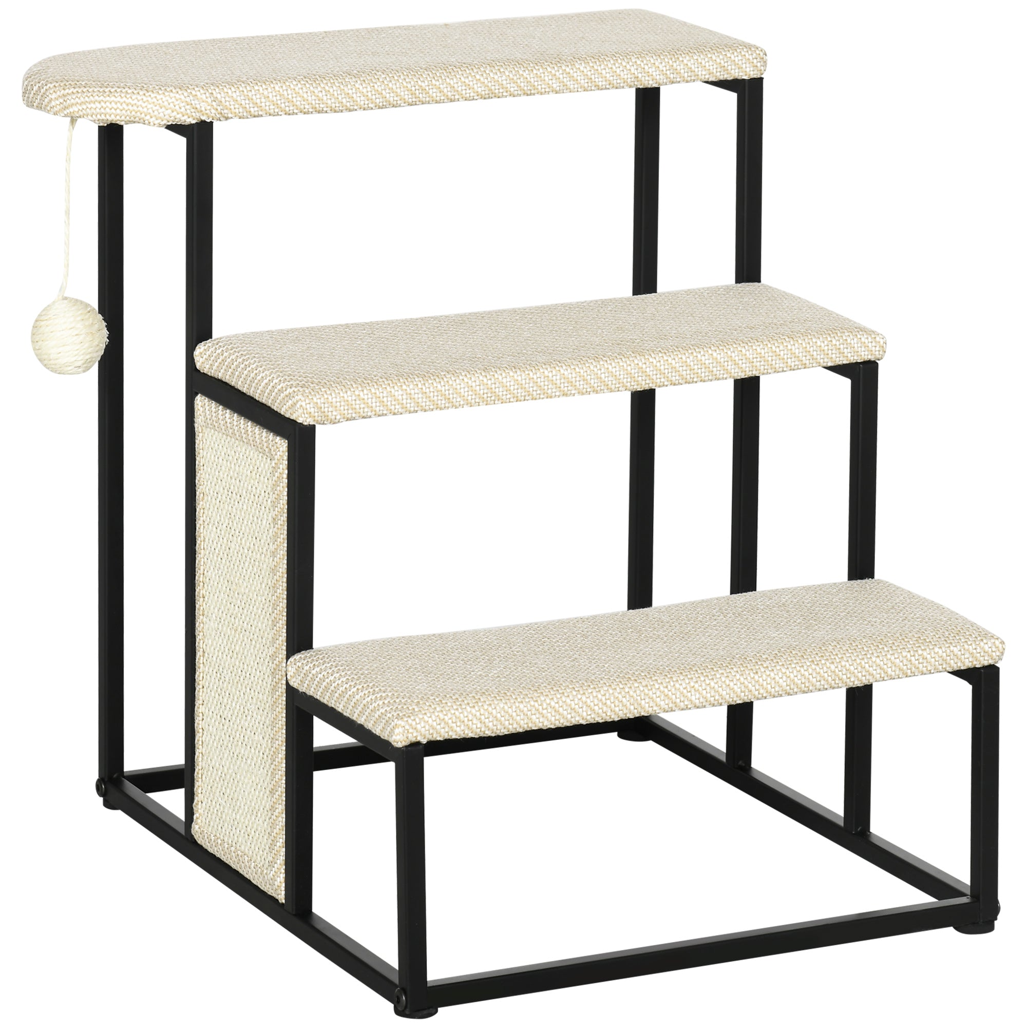 PawHut 3 Steps Dog Stairs, Pet Steps for Cat for Sofa and Bed with Sisal Scratching Board, Hanging Toy Ball, 47 x 45 x 47cm - Cream White