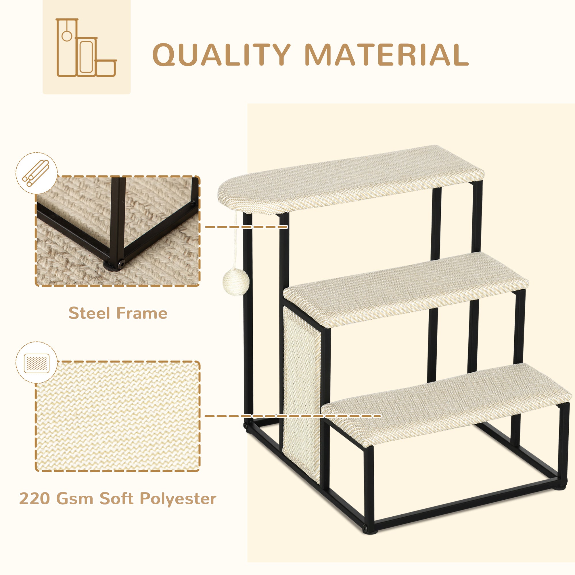 PawHut 3 Steps Dog Stairs, Pet Steps for Cat for Sofa and Bed with Sisal Scratching Board, Hanging Toy Ball, 47 x 45 x 47cm - Cream White