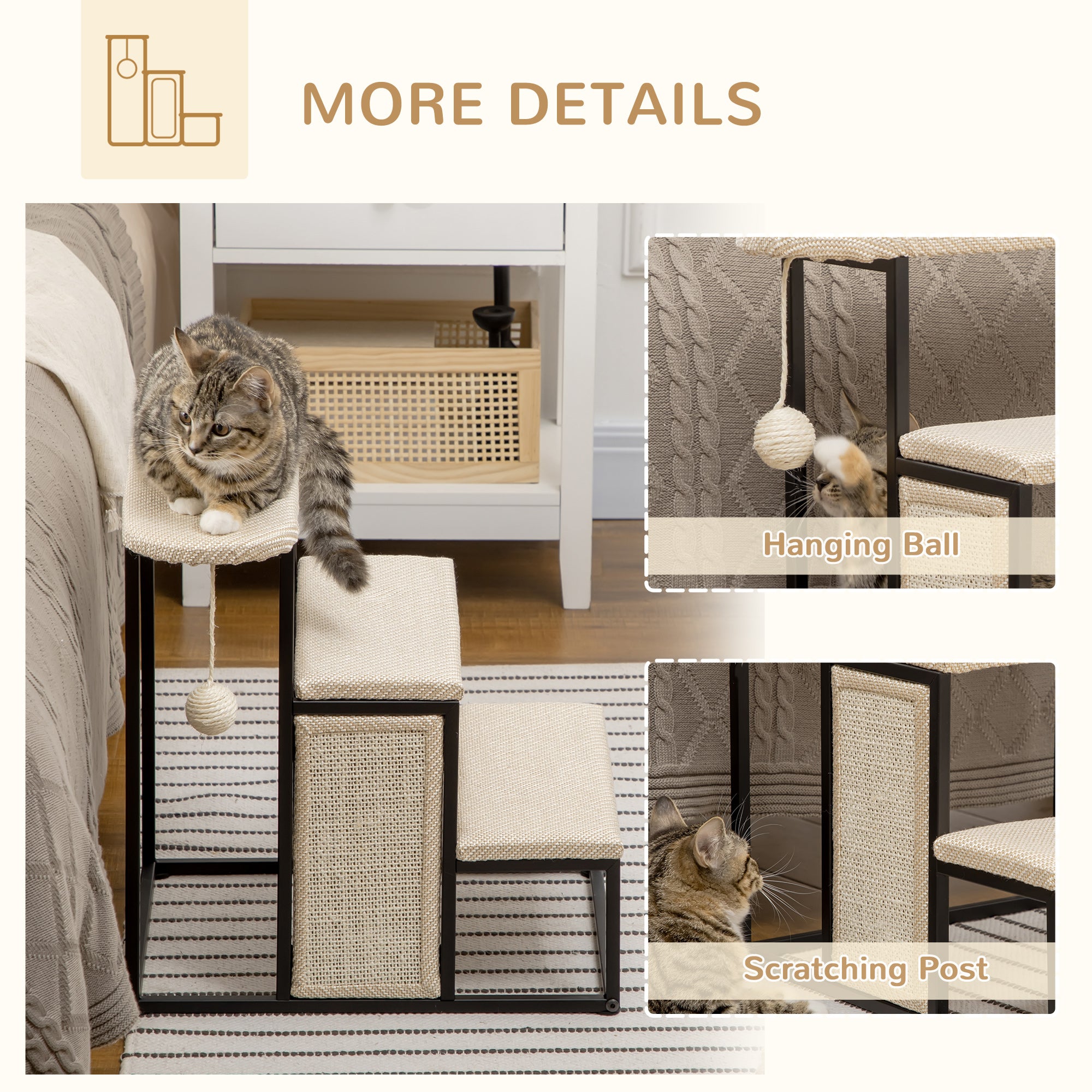 PawHut 3 Steps Dog Stairs, Pet Steps for Cat for Sofa and Bed with Sisal Scratching Board, Hanging Toy Ball, 47 x 45 x 47cm - Cream White