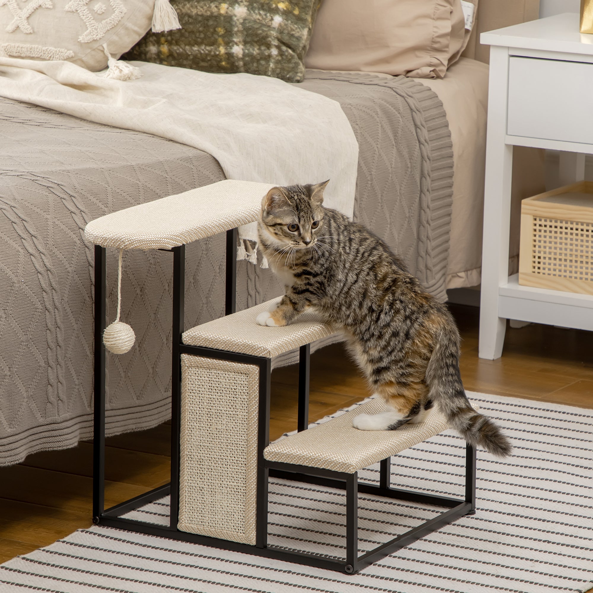 PawHut 3 Steps Dog Stairs, Pet Steps for Cat for Sofa and Bed with Sisal Scratching Board, Hanging Toy Ball, 47 x 45 x 47cm - Cream White
