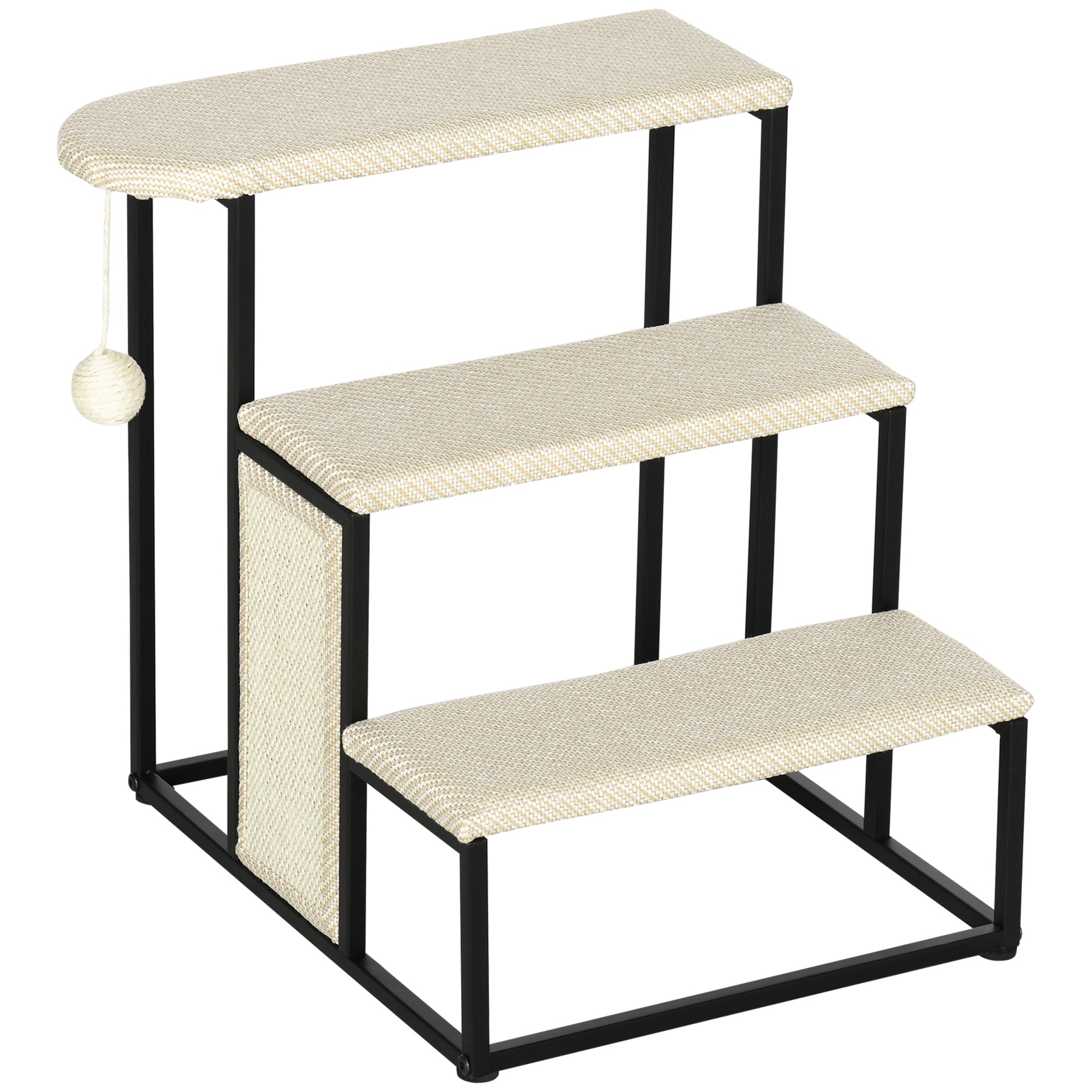 PawHut 3 Steps Dog Stairs, Pet Steps for Cat for Sofa and Bed with Sisal Scratching Board, Hanging Toy Ball, 47 x 45 x 47cm - Cream White