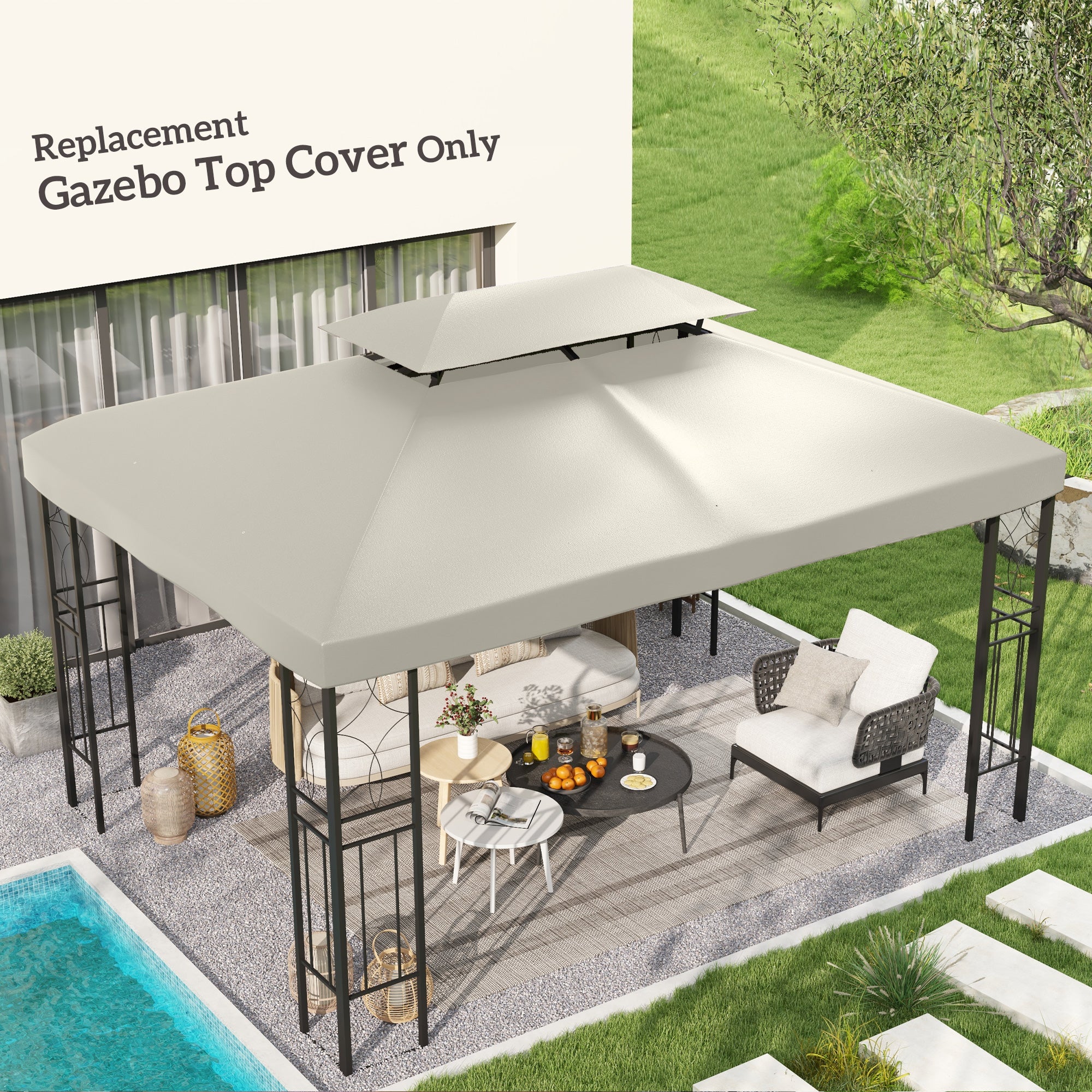 Outsunny 13.1' x 9.8' Gazebo Replacement Canopy 2 Tier Top UV Cover Pavilion Garden Patio Outdoor, Cream White (TOP ONLY)