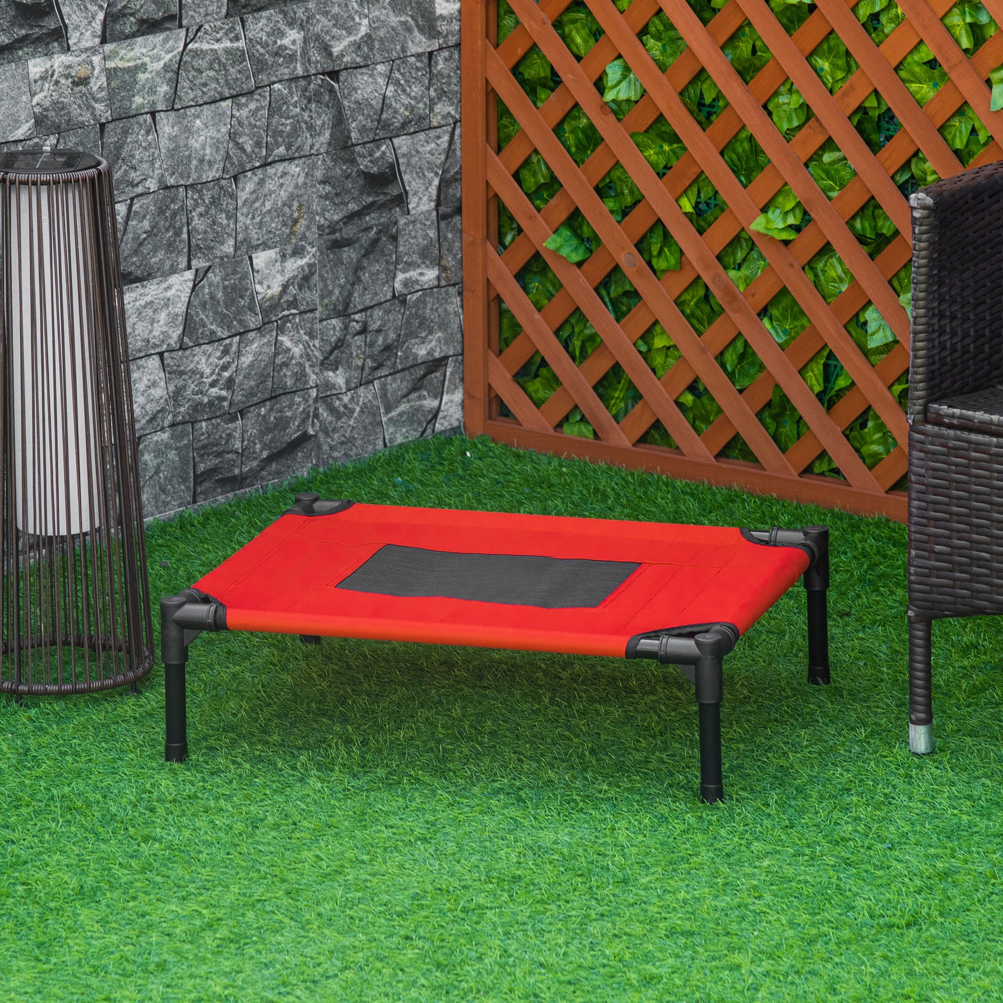 PawHut Raised Dog Bed Cat Elevated Lifted Portable Camping w/ Metal Frame Black and Red (Small)