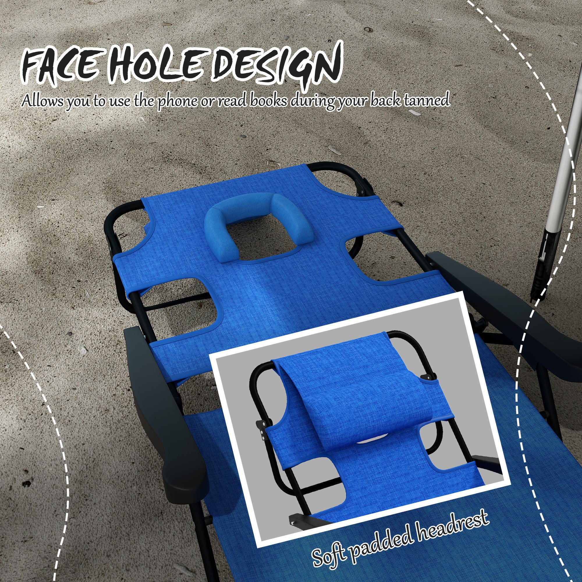 Outsunny Folding Lounge Chair with 4-level Reclining Back, Outdoor Tanning Chair with Reading Hole, Outdoor Chaise Lounge Chair with Headrest, for Beach, Yard, Patio, Dark Blue