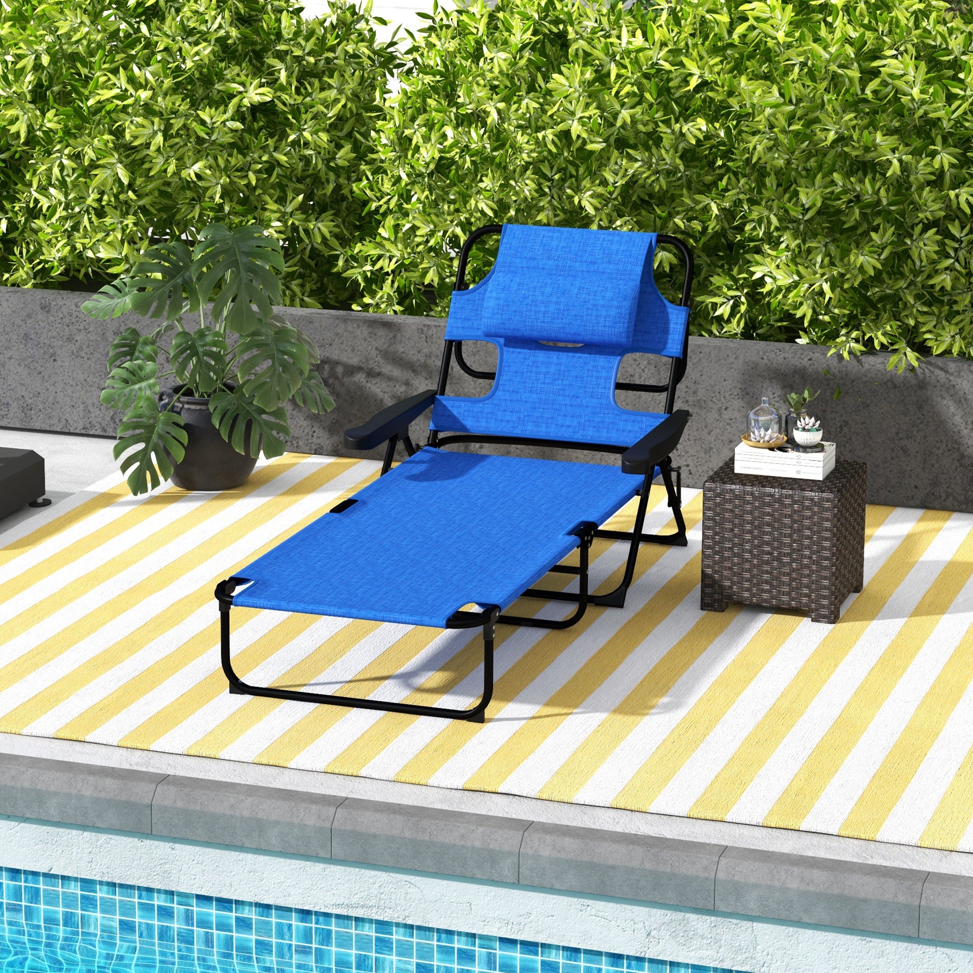 Outsunny Folding Lounge Chair with 4-level Reclining Back, Outdoor Tanning Chair with Reading Hole, Outdoor Chaise Lounge Chair with Headrest, for Beach, Yard, Patio, Dark Blue