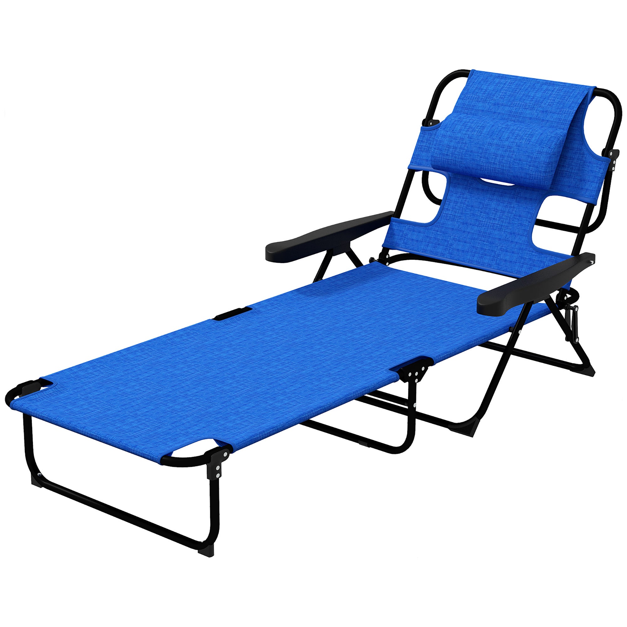 Outsunny Folding Lounge Chair with 4-level Reclining Back, Outdoor Tanning Chair with Reading Hole, Outdoor Chaise Lounge Chair with Headrest, for Beach, Yard, Patio, Dark Blue