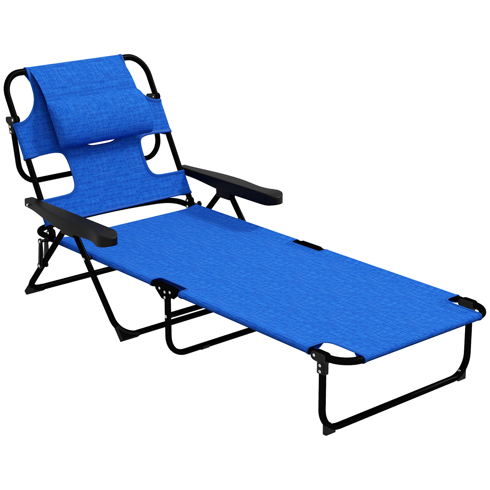 Outsunny Folding Lounge Chair with 4-level Reclining Back, Outdoor Tanning Chair with Reading Hole, Outdoor Chaise Lounge Chair with Headrest, for Beach, Yard, Patio, Dark Blue