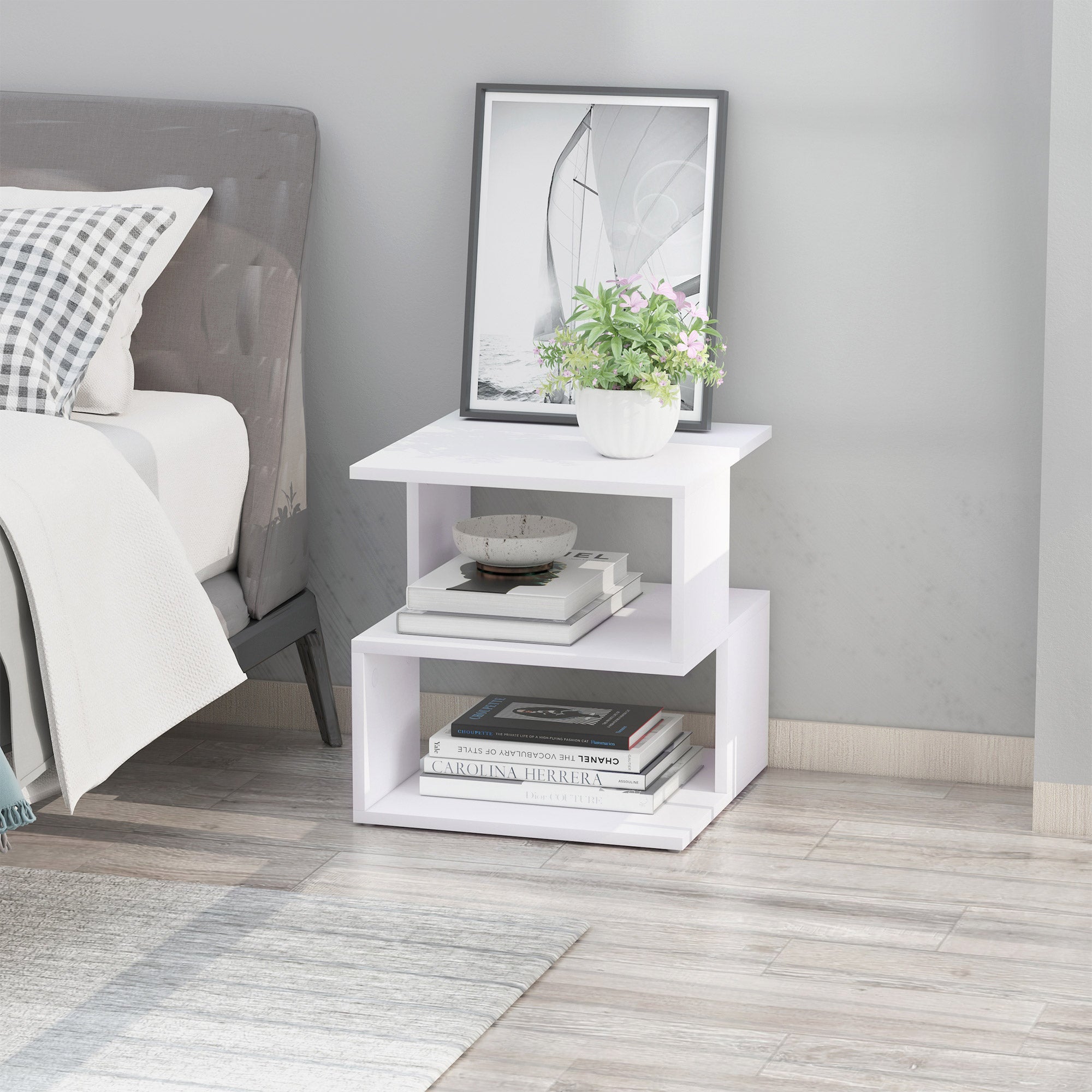 HOMCOM Side Table with Storage, Small End Table with 3-Tier Shelf, Square Coffee Table for Living Room, White