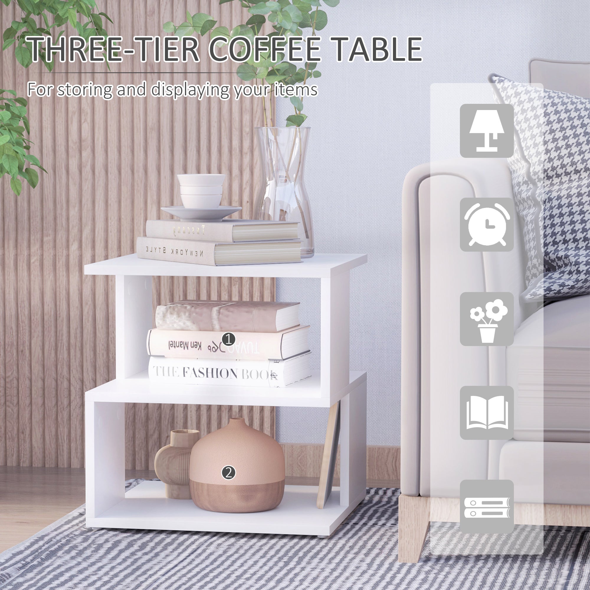 HOMCOM Side Table with Storage, Small End Table with 3-Tier Shelf, Square Coffee Table for Living Room, White