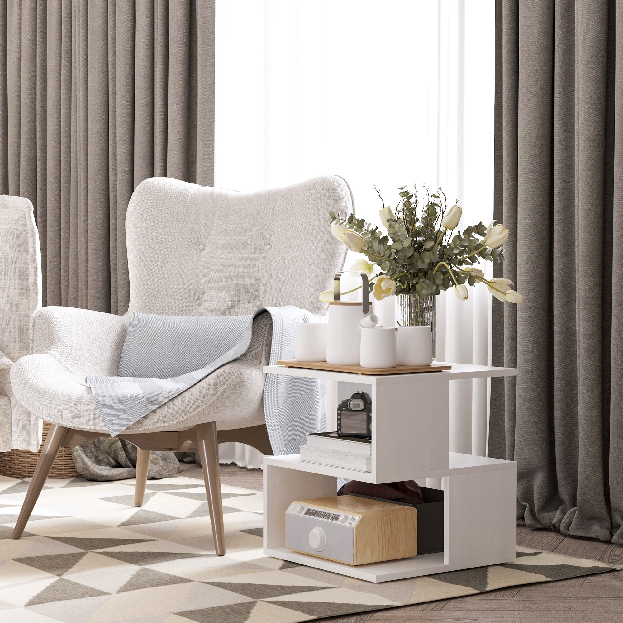 HOMCOM Side Table with Storage, Small End Table with 3-Tier Shelf, Square Coffee Table for Living Room, White