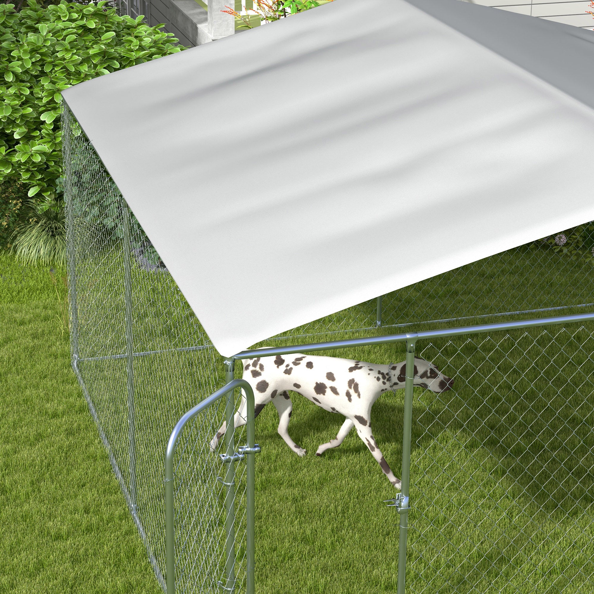 PawHut Dog Kennel Outdoor Run Fence with Roof, Steel Lock, Mesh Sidewalls for Backyard & Patio, 13.1' x 13.1' x 7.5'