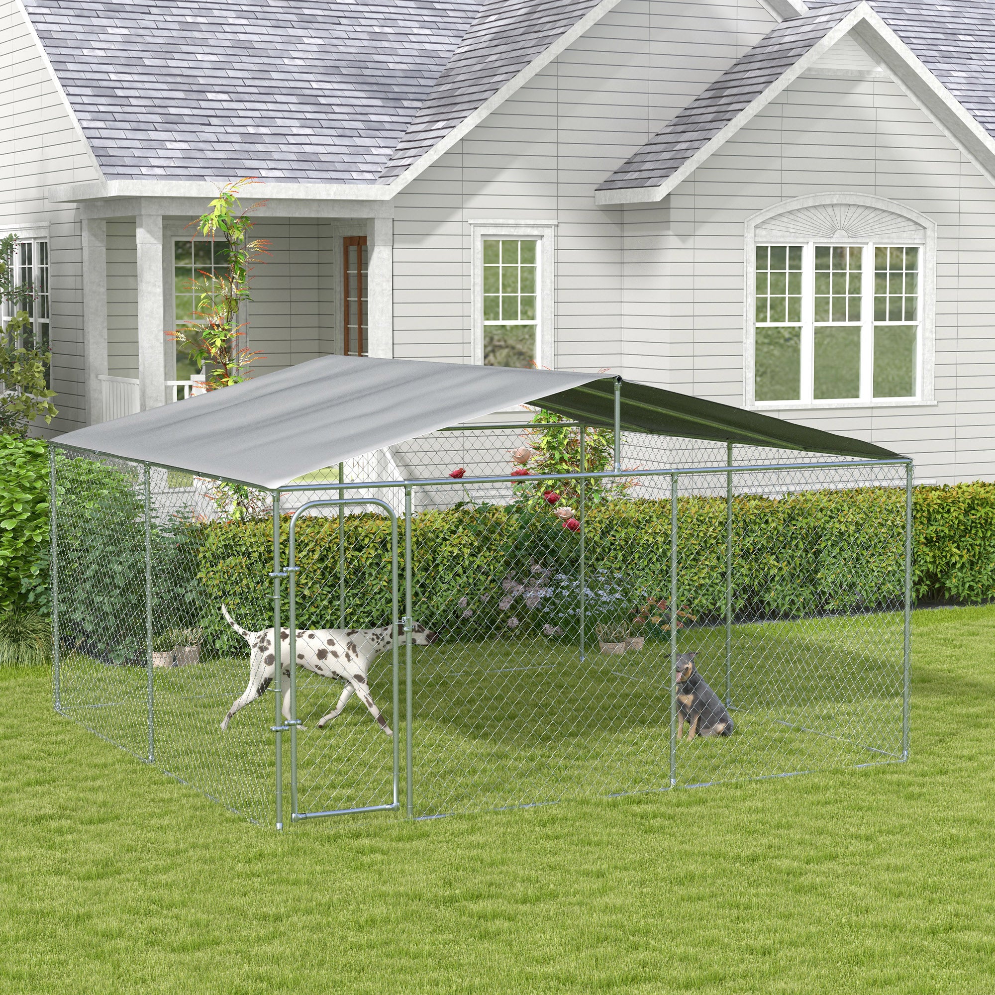 PawHut Dog Kennel Outdoor Run Fence with Roof, Steel Lock, Mesh Sidewalls for Backyard & Patio, 13.1' x 13.1' x 7.5'