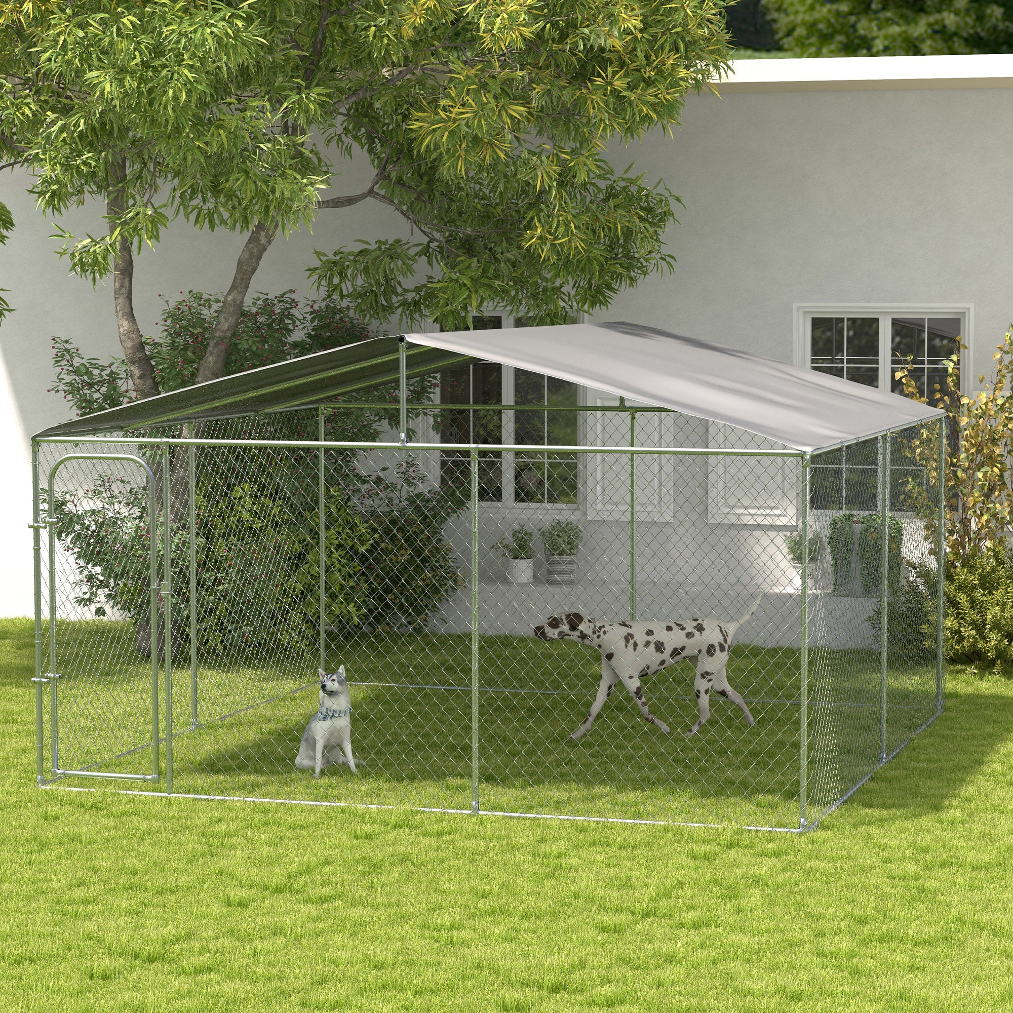PawHut Dog Kennel Outdoor Run Fence with Roof, Steel Lock, Mesh Sidewalls for Backyard & Patio, 13.1' x 13.1' x 7.5'