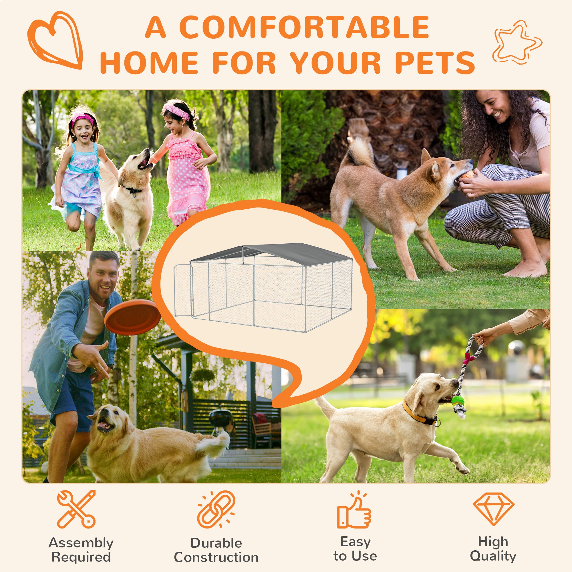 PawHut Large Dog Kennel Outside, Heavy Duty Dog Cage with Waterproof Cover, Outdoor Fence Dog Run with Galvanized Chain Link, Secure Lock, 13' x 13' x 7.5'