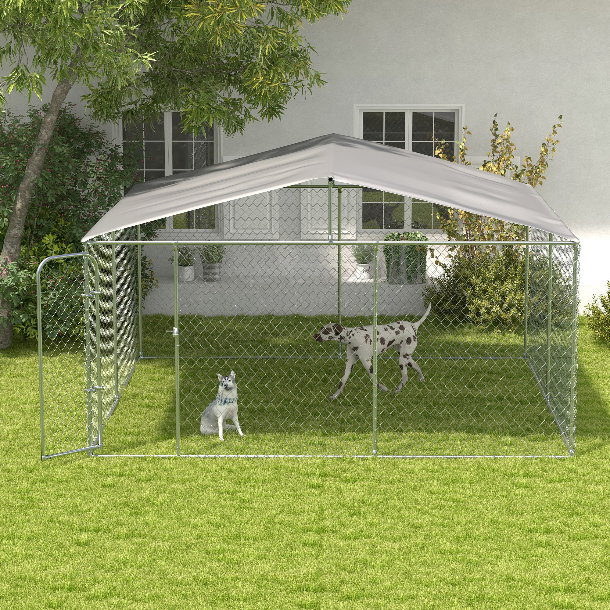 PawHut Dog Kennel Outdoor Run Fence with Roof, Steel Lock, Mesh Sidewalls for Backyard & Patio, 13.1' x 13.1' x 7.5'