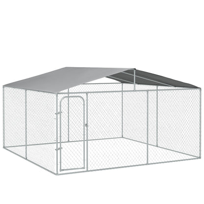 PawHut Large Dog Kennel Outside, Heavy Duty Dog Cage with Waterproof Cover, Outdoor Fence Dog Run with Galvanized Chain Link, Secure Lock, 13' x 13' x 7.5'