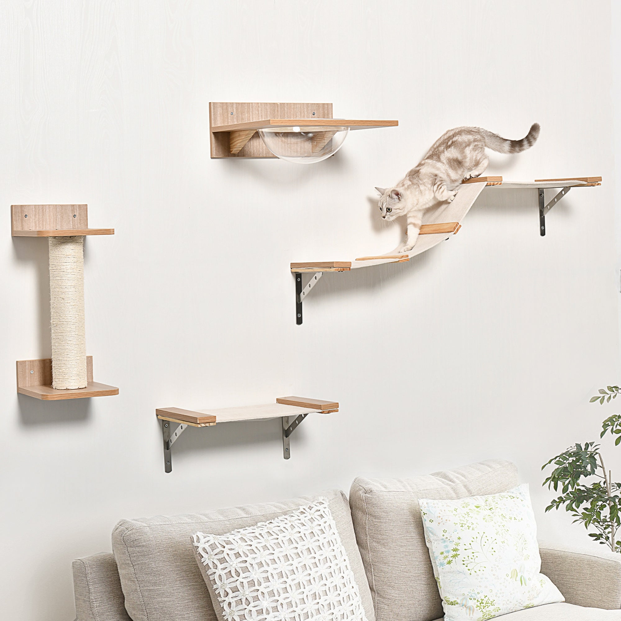 PawHut Indoor Cat Activity Tree 4-Piece Set, Mounted Pet Climbing Perches, Kitten Center with Feeding Station, Hammock Stairs, Scratching Post, Jumping Platform, Beige