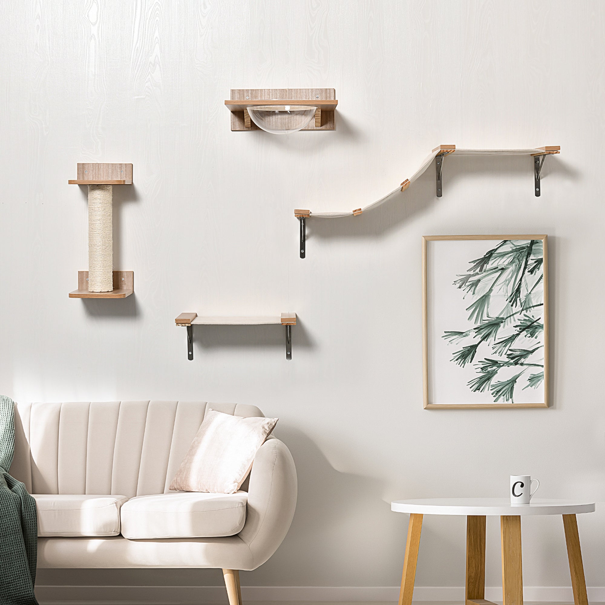 PawHut Indoor Cat Activity Tree 4-Piece Set, Mounted Pet Climbing Perches, Kitten Center with Feeding Station, Hammock Stairs, Scratching Post, Jumping Platform, Beige