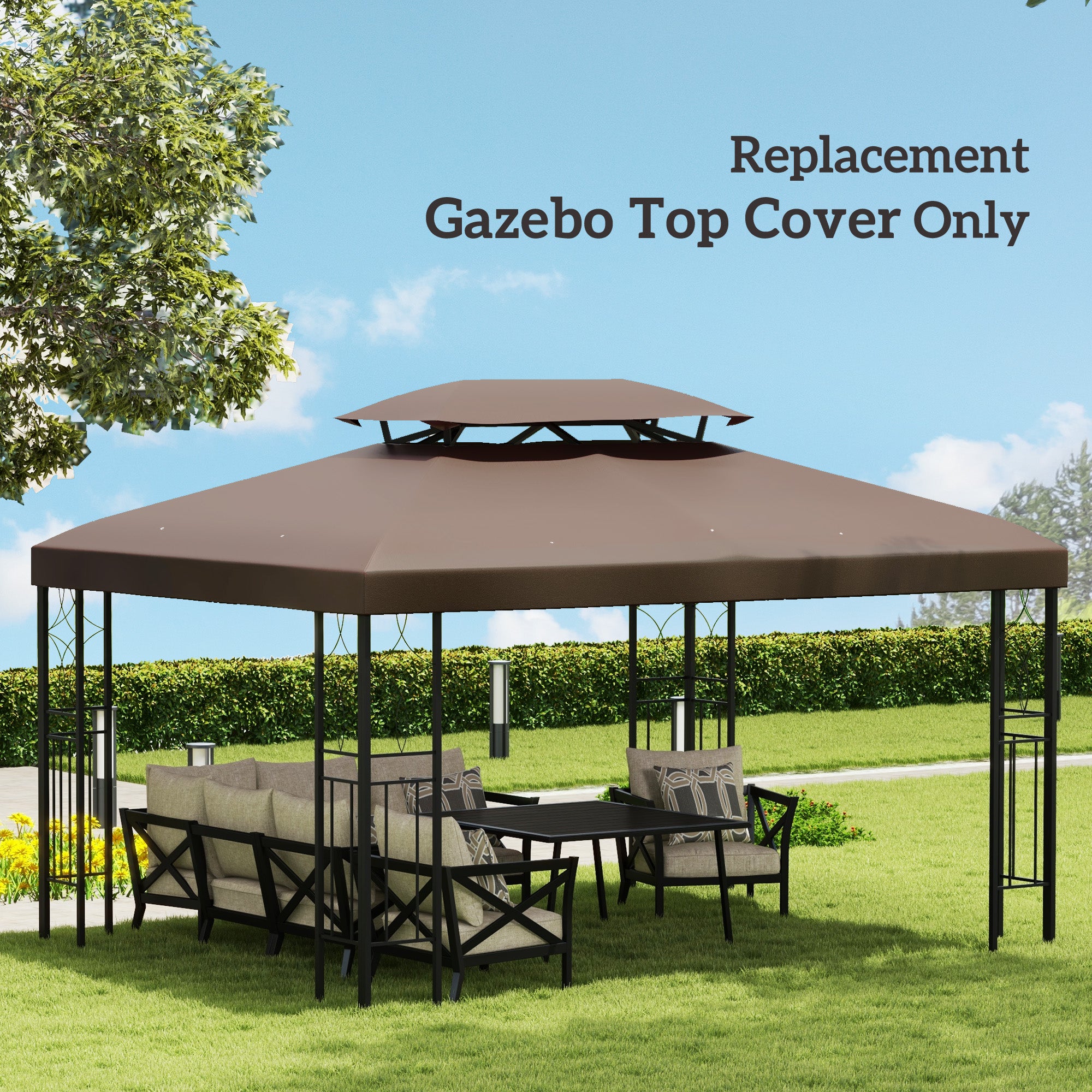 Outsunny 13.1' x 9.8' Gazebo Replacement Canopy, 2 Tier Top Roof Garden Pavilion UV Cover, Brown (TOP ONLY)