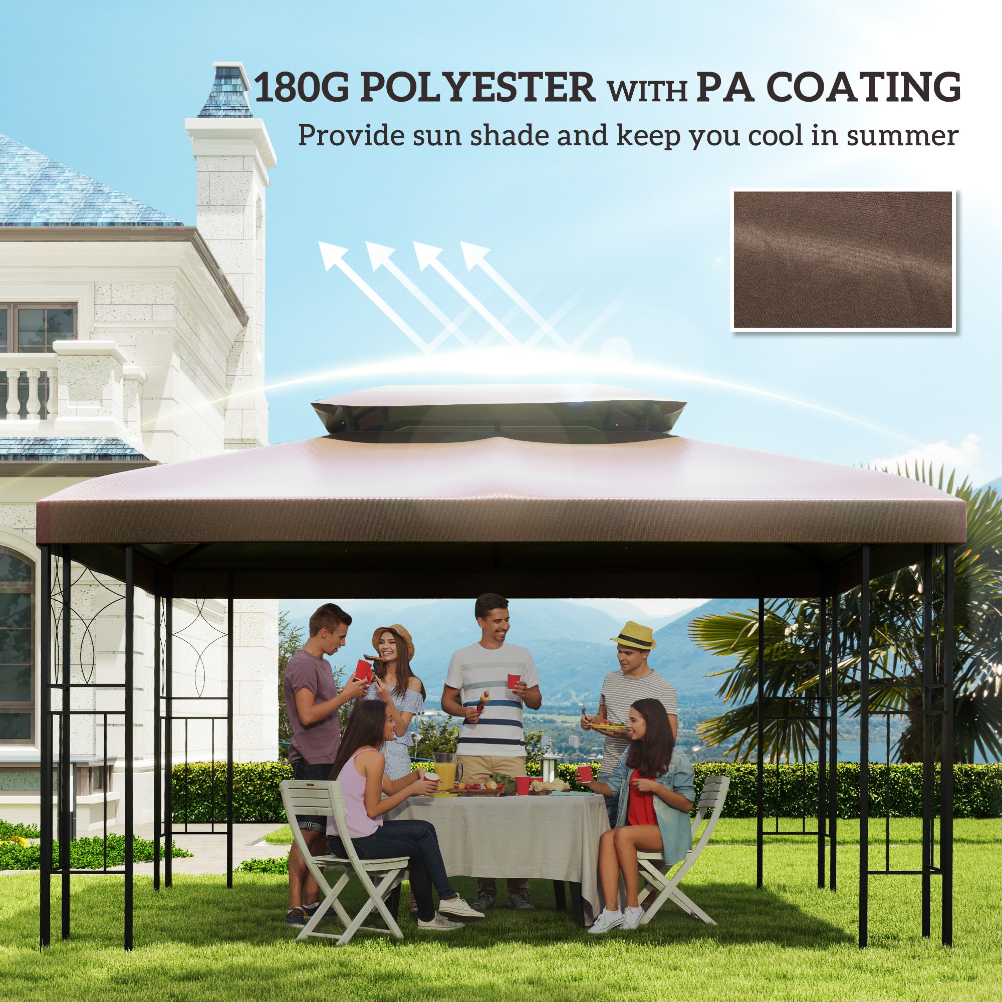 Outsunny 13.1' x 9.8' Gazebo Replacement Canopy, 2 Tier Top Roof Garden Pavilion UV Cover, Brown (TOP ONLY)