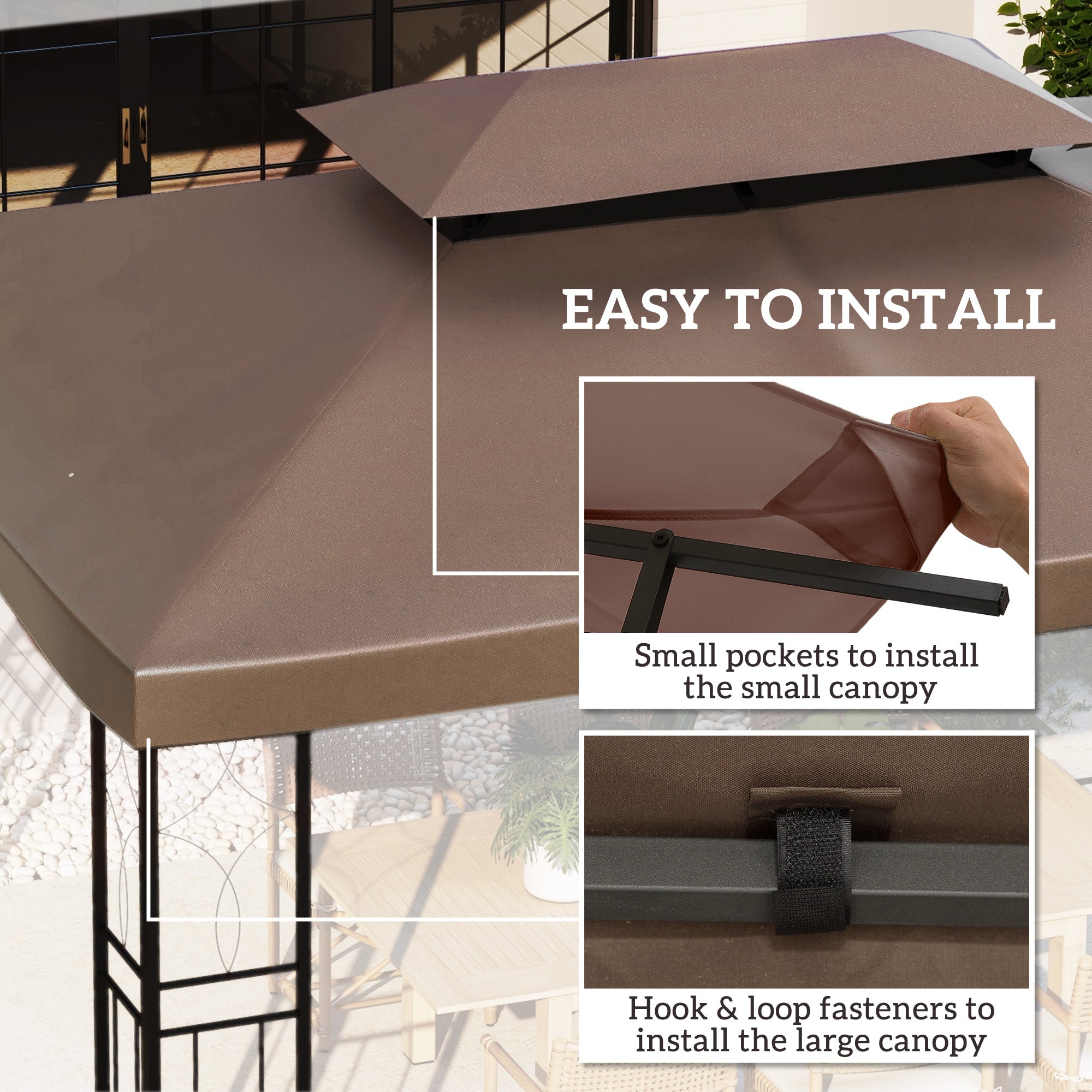 Outsunny 13.1' x 9.8' Gazebo Replacement Canopy, 2 Tier Top Roof Garden Pavilion UV Cover, Brown (TOP ONLY)
