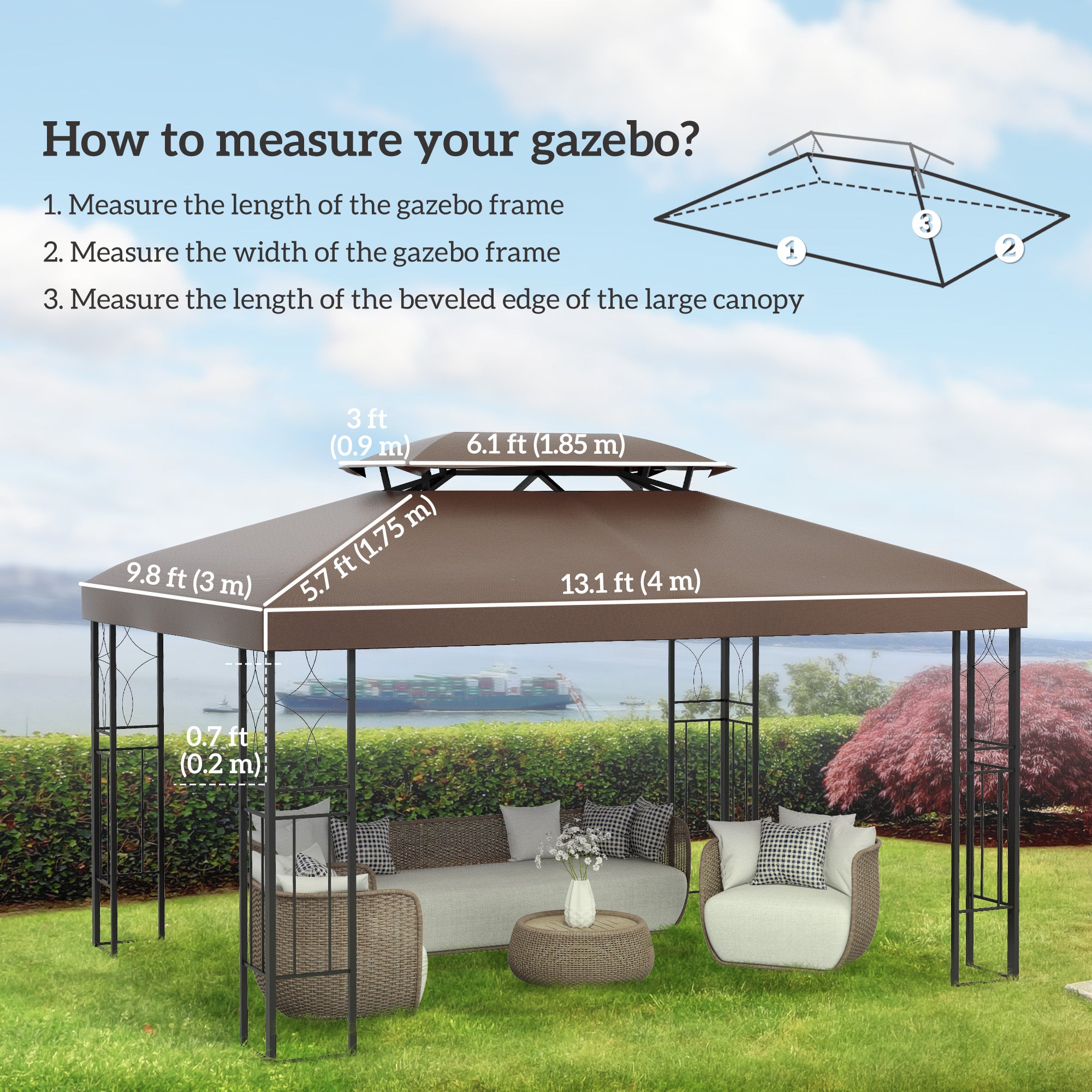 Outsunny 13.1' x 9.8' Gazebo Replacement Canopy, 2 Tier Top Roof Garden Pavilion UV Cover, Brown (TOP ONLY)